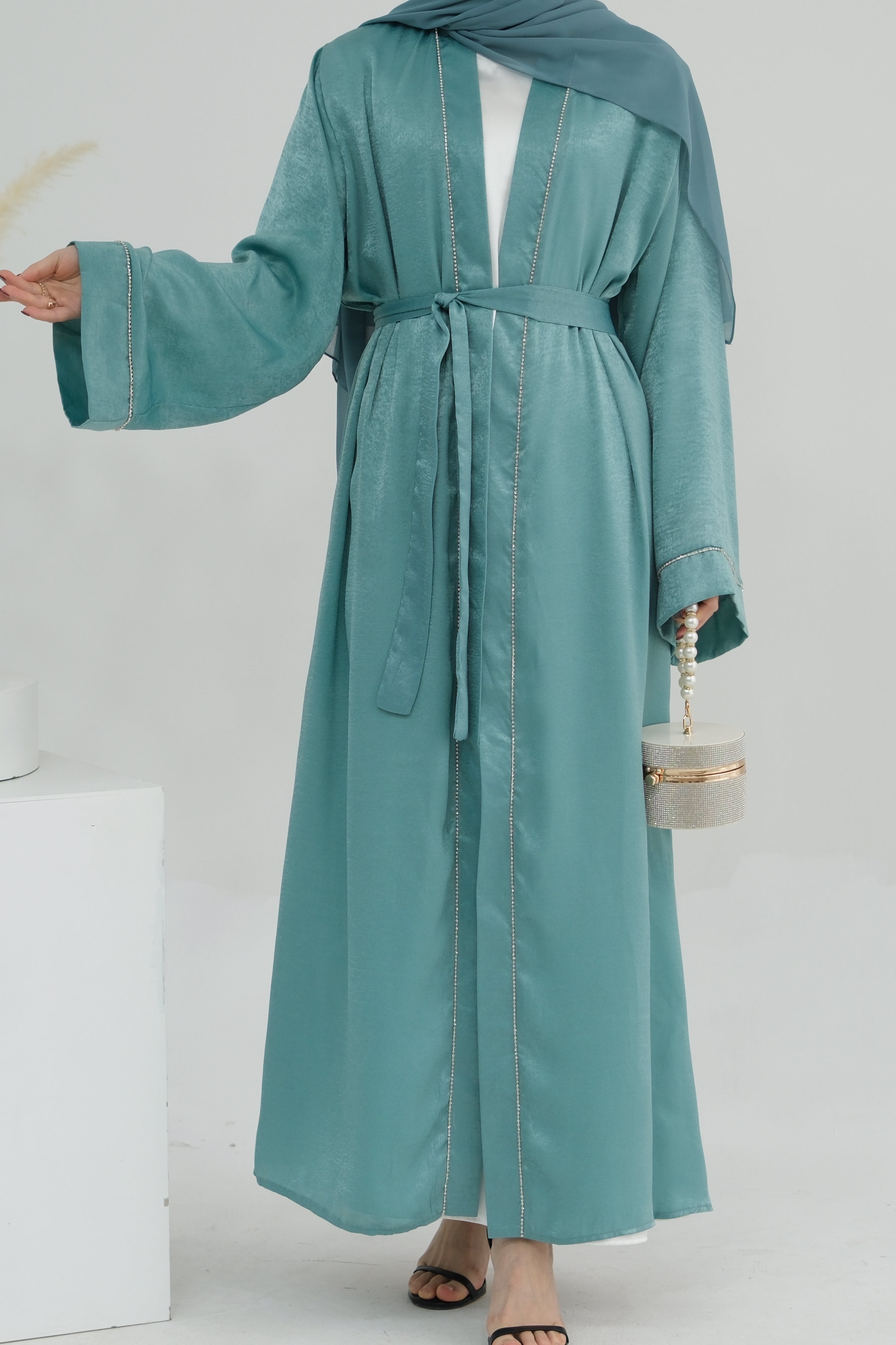 Rania Polyester Fiber Trimmed Open Abaya with Belt 707  - Mint Green - Meliza