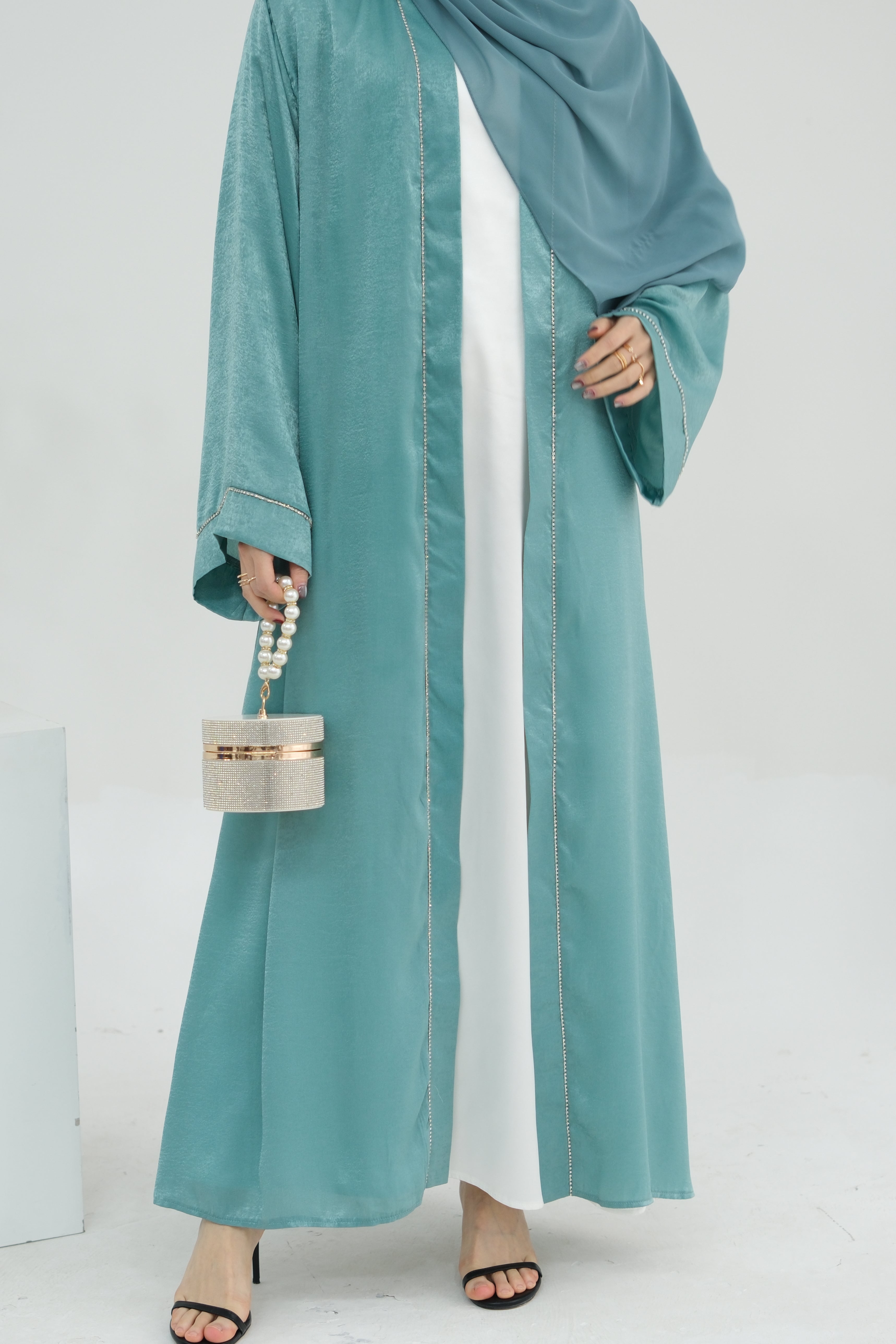 Rania Polyester Fiber Trimmed Open Abaya with Belt 707  - Mint Green - Meliza