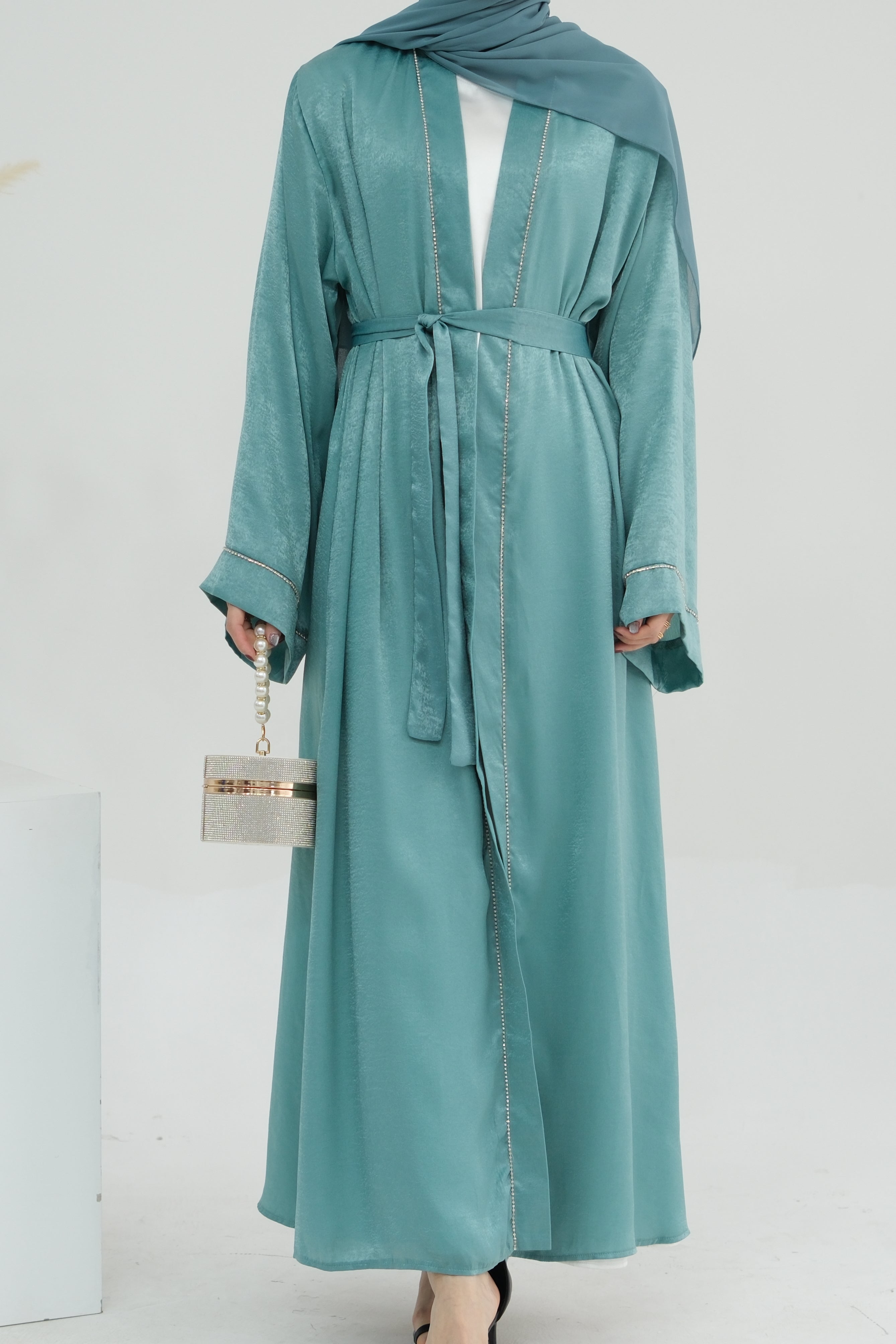 Rania Polyester Fiber Trimmed Open Abaya with Belt 707  - Mint Green - Meliza