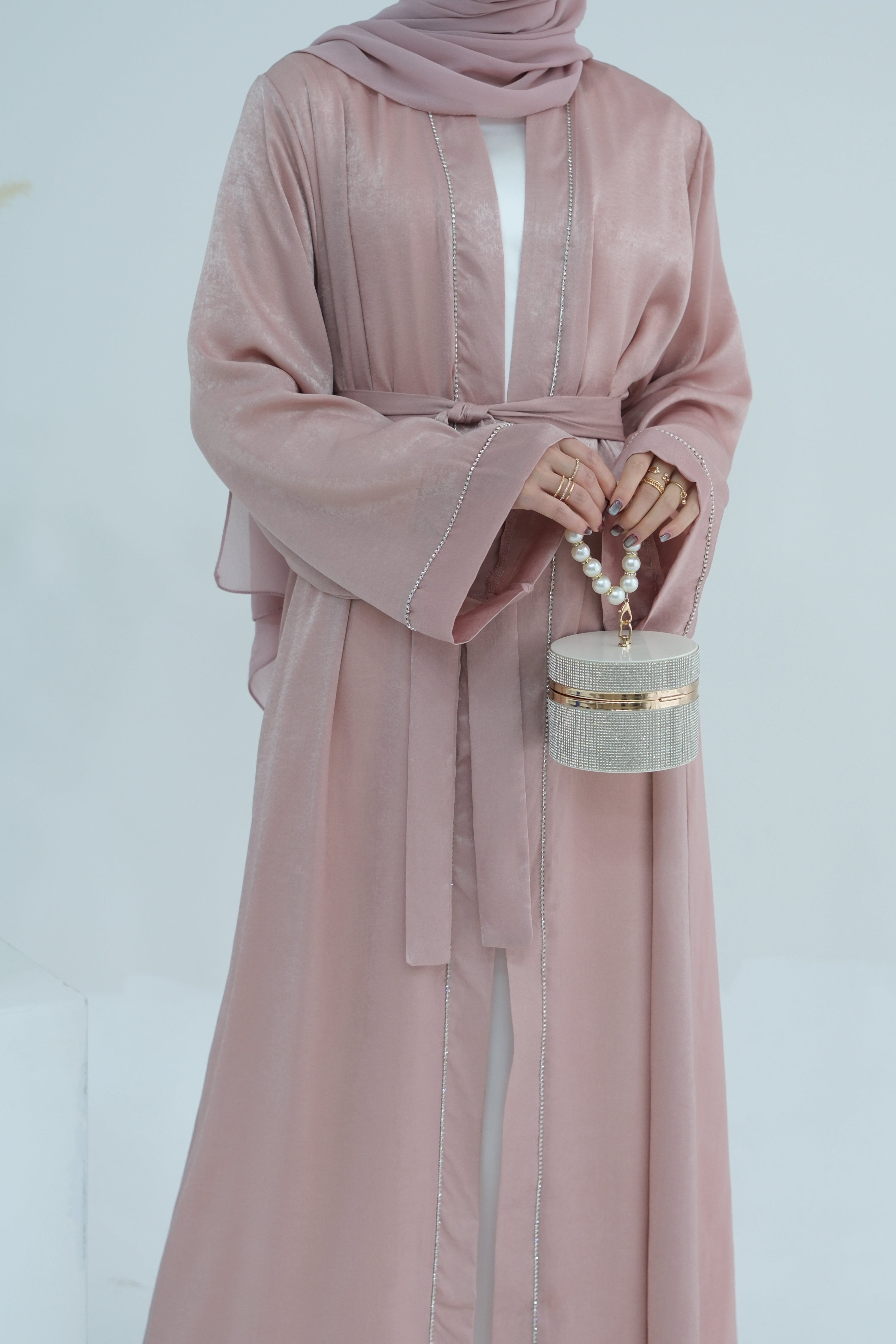 Rania Polyester Fiber Trimmed Open Abaya 707 - Pink - Meliza