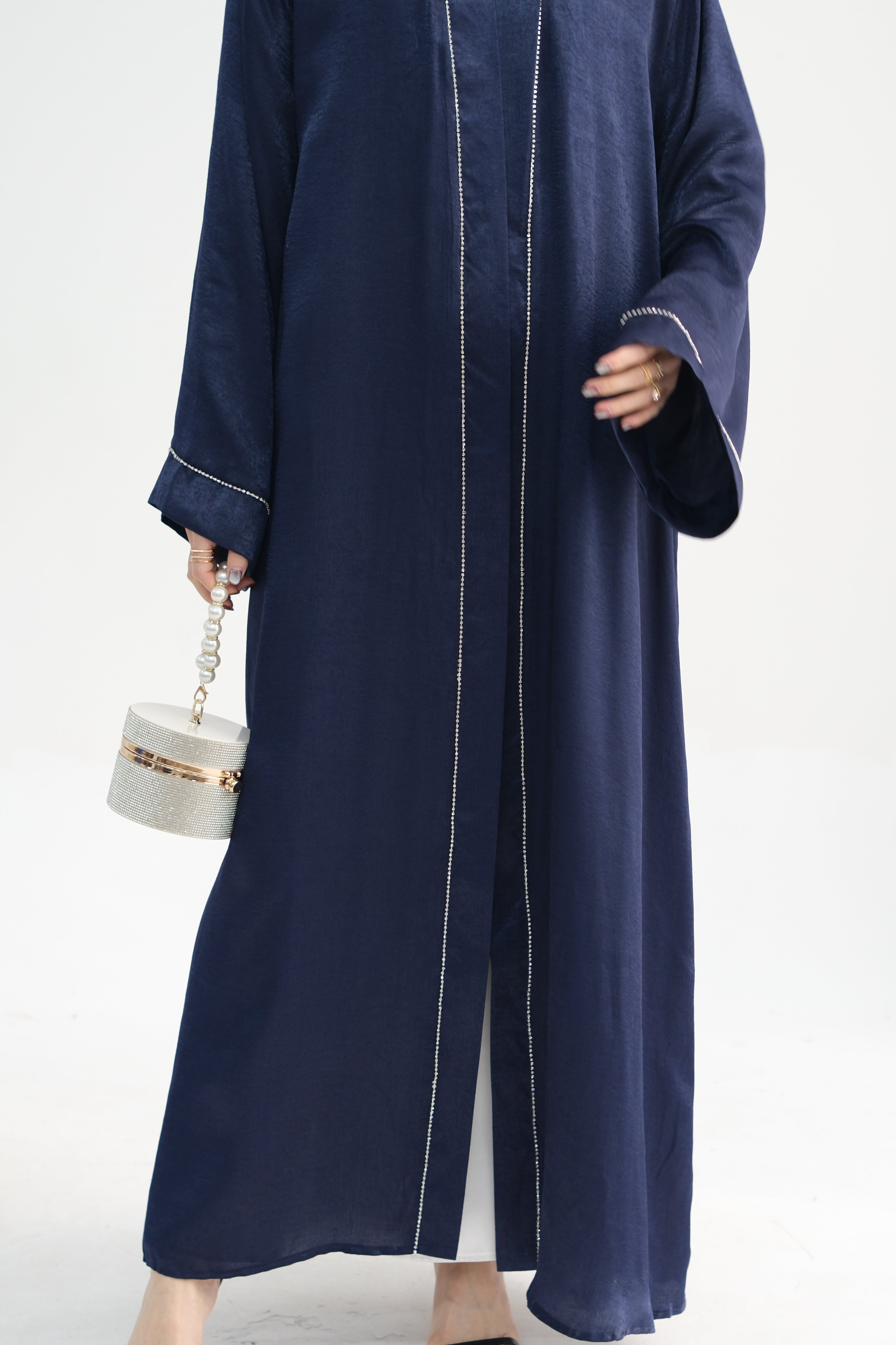 Rania Polyester Fiber Trimmed Open Abaya 707 - Navy - Meliza