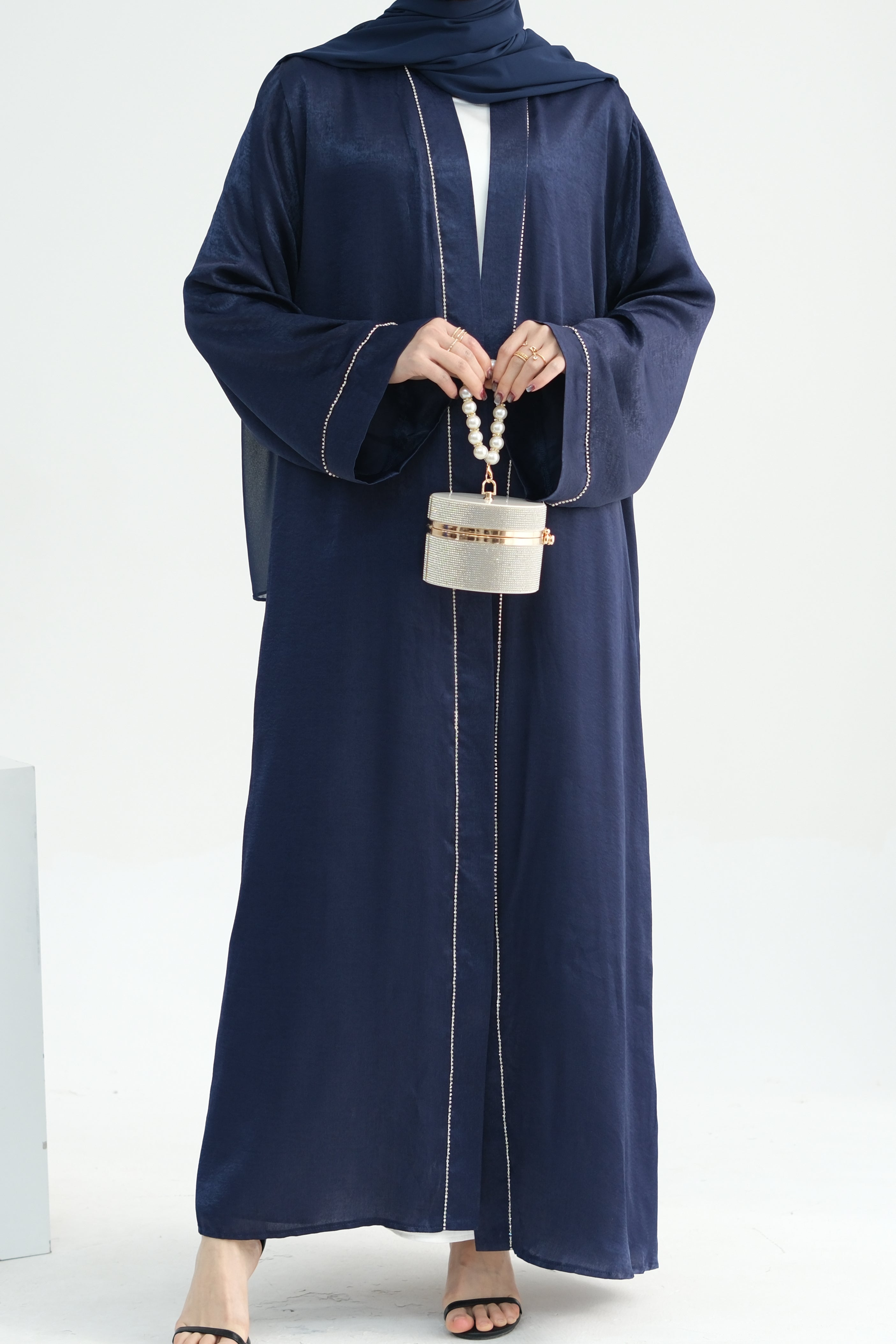 Rania Polyester Fiber Trimmed Open Abaya 707 - Navy - Meliza