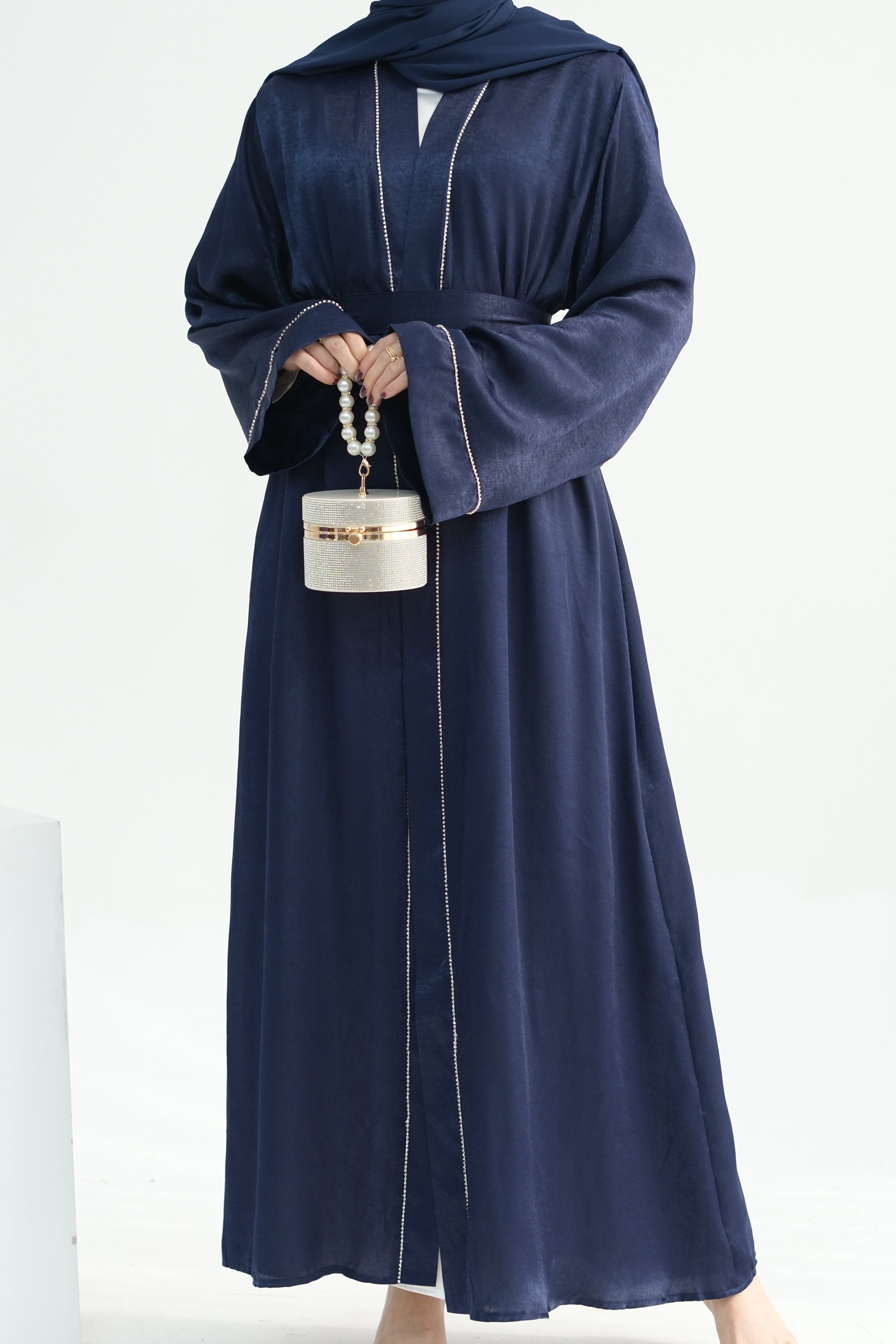 Rania Polyester Fiber Trimmed Open Abaya 707 - Navy - Meliza