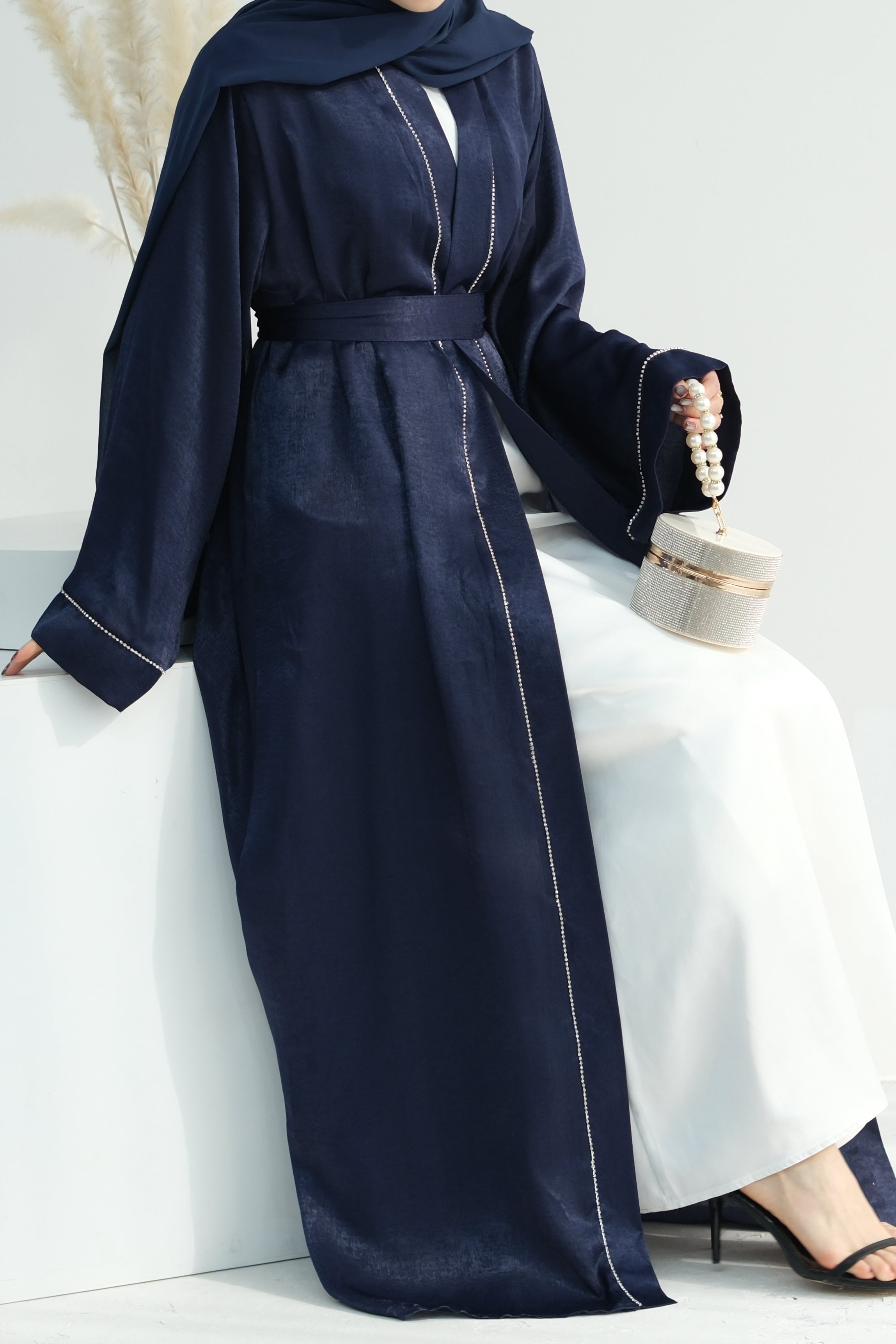 Rania Polyester Fiber Trimmed Open Abaya 707 - Navy - Meliza