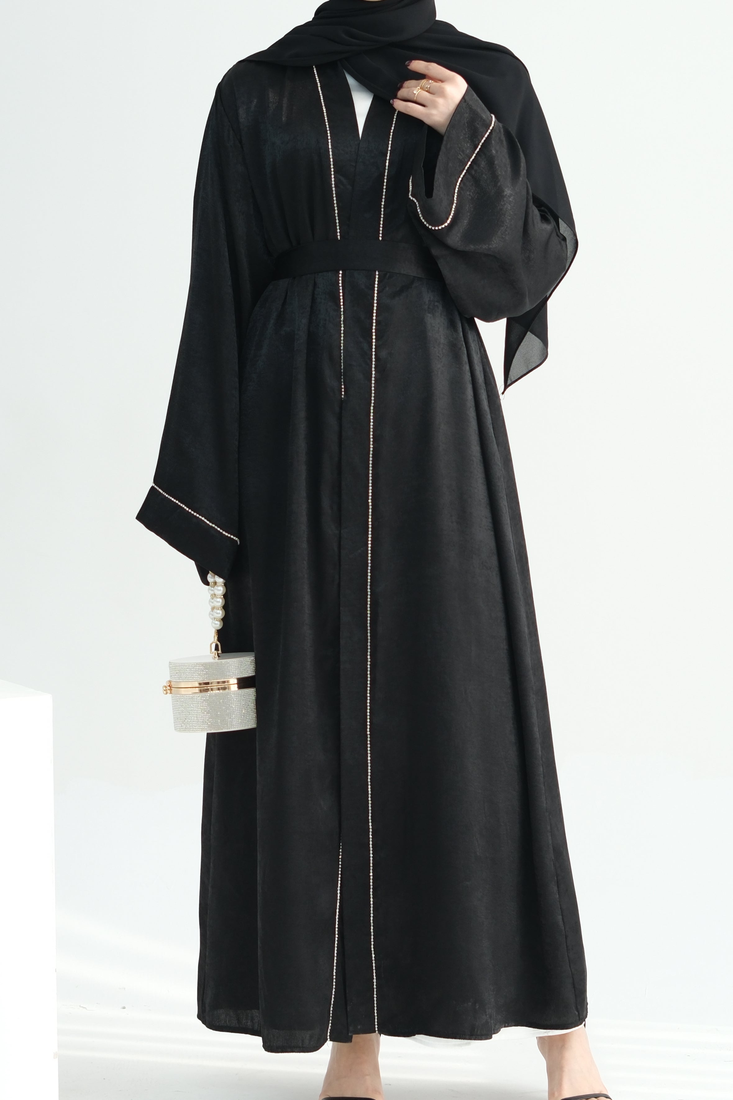 Rania Polyester Fiber Trimmed Open Abaya 707 - Black - Meliza