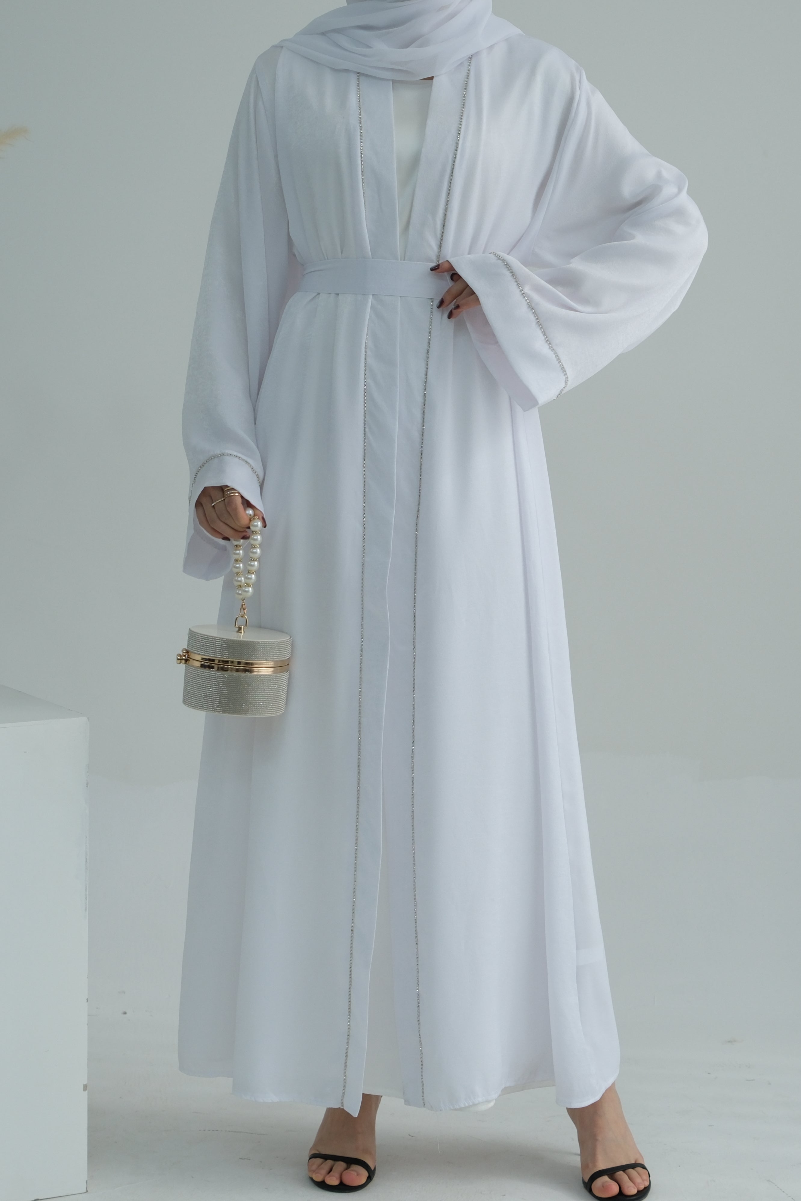 Rania Polyester Fiber Trimmed Open Abaya 707 - White - Meliza