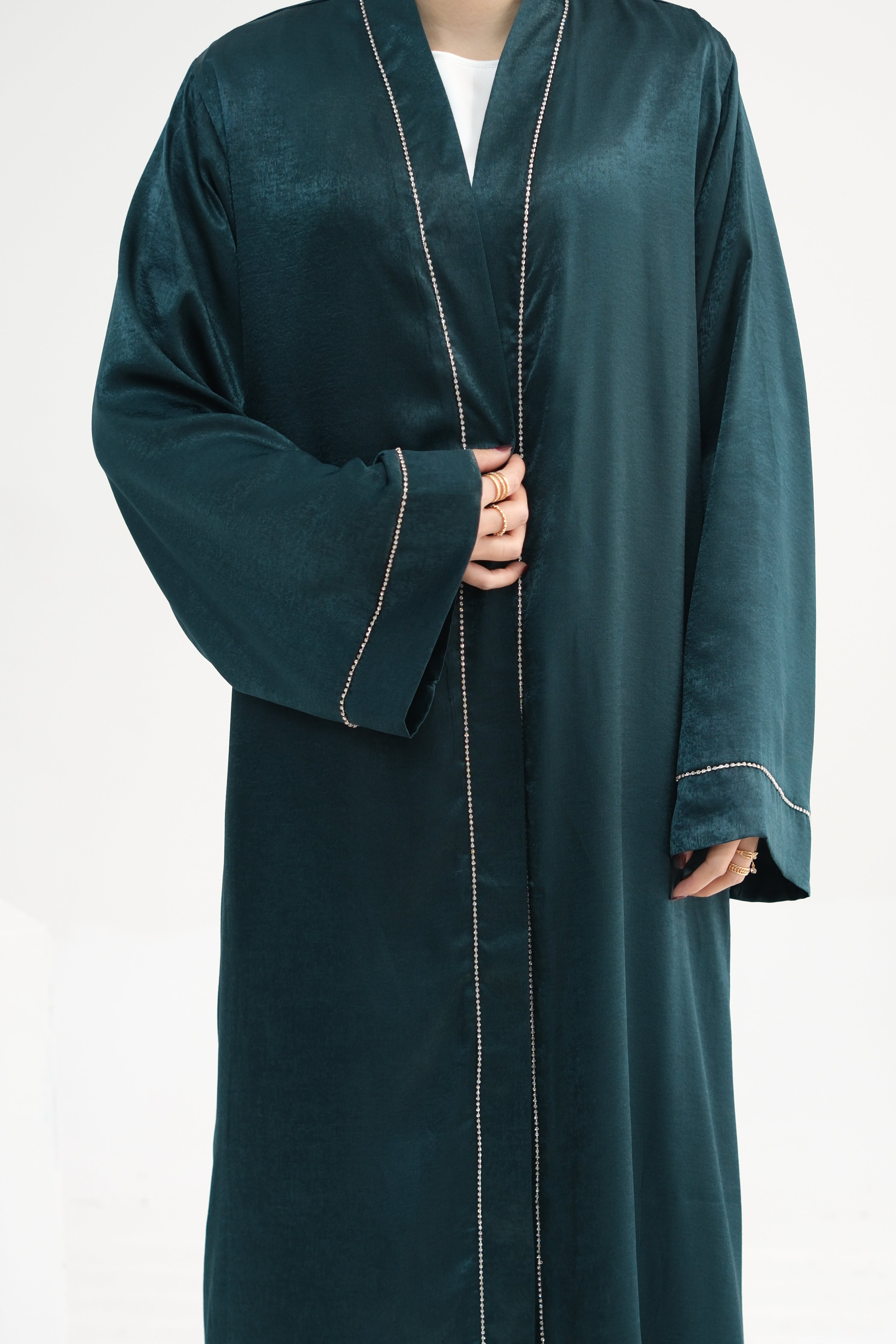 Rania Polyester Fiber Trimmed Open Abaya with Belt 707  - Dark Green - Meliza