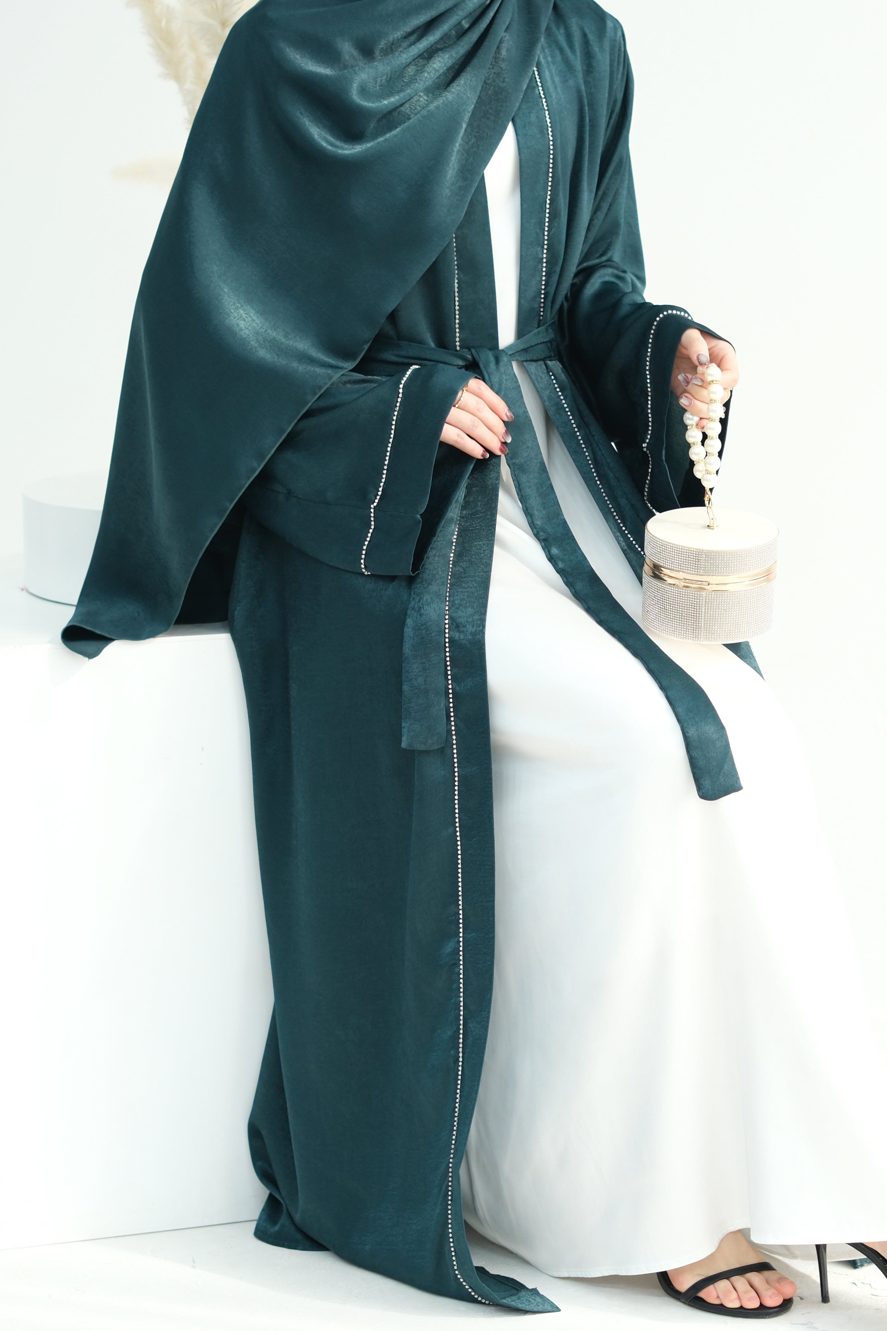 Rania Polyester Fiber Trimmed Open Abaya with Belt 707  - Dark Green - Meliza