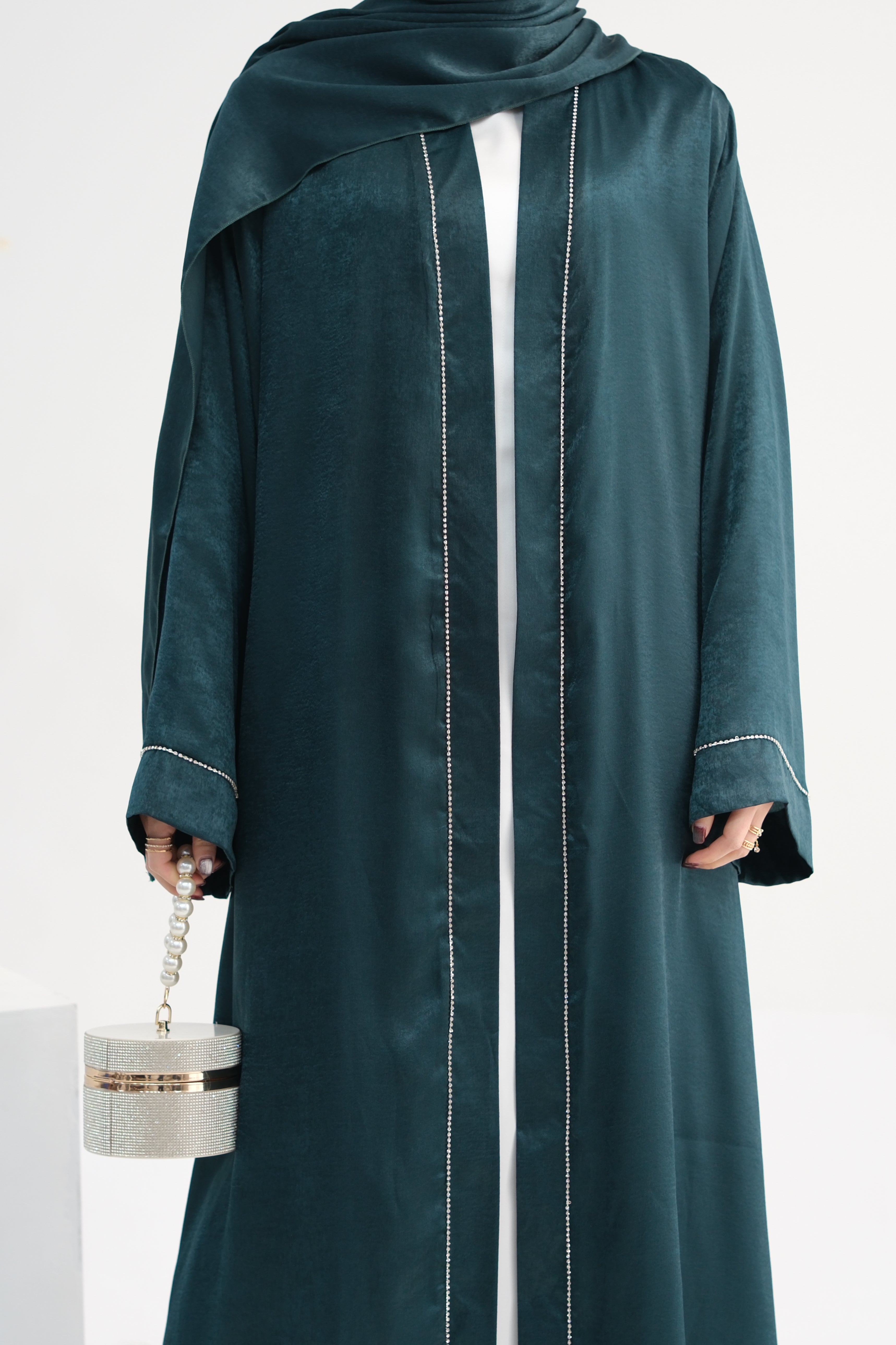 Rania Polyester Fiber Trimmed Open Abaya with Belt 707  - Dark Green - Meliza