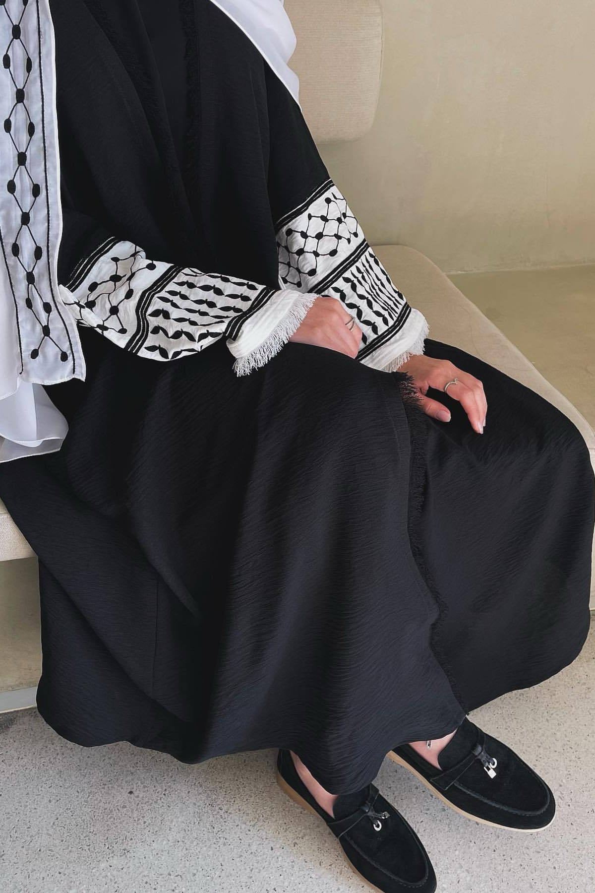 Karina Keffiyeh Inspired Fringed Peace Dove Pattern Embroidery Modest Open Abaya with belt 763 - Black - Meliza