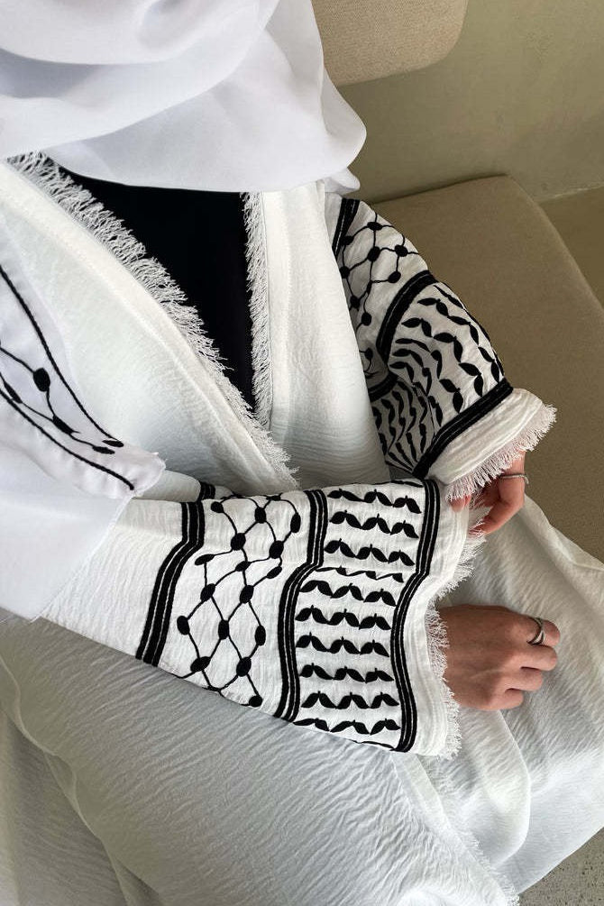 Karina Keffiyeh Inspired Fringed Peace Dove Pattern Embroidery Modest Open Abaya with belt 763 - White - Meliza