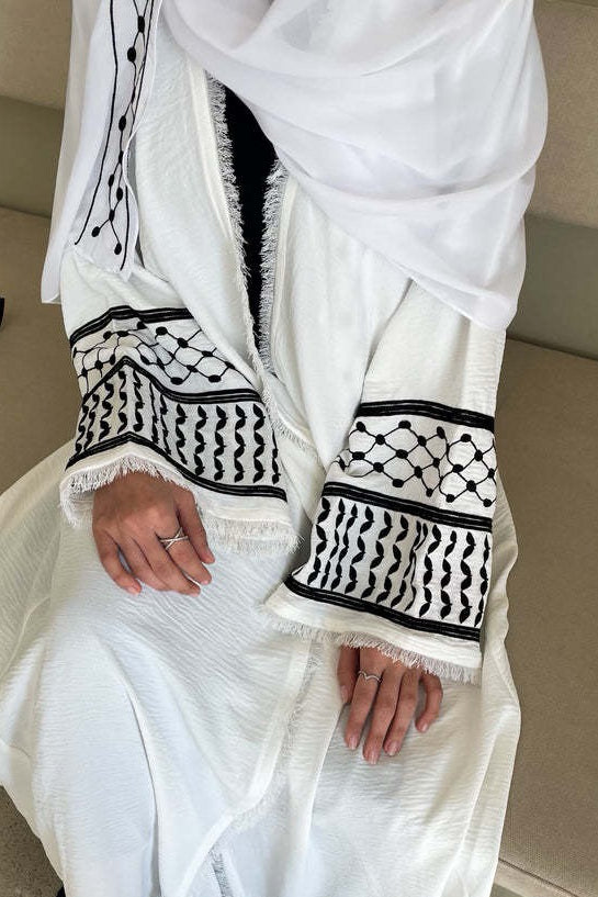 Karina Keffiyeh Inspired Fringed Peace Dove Pattern Embroidery Modest Open Abaya with belt 763 - White - Meliza