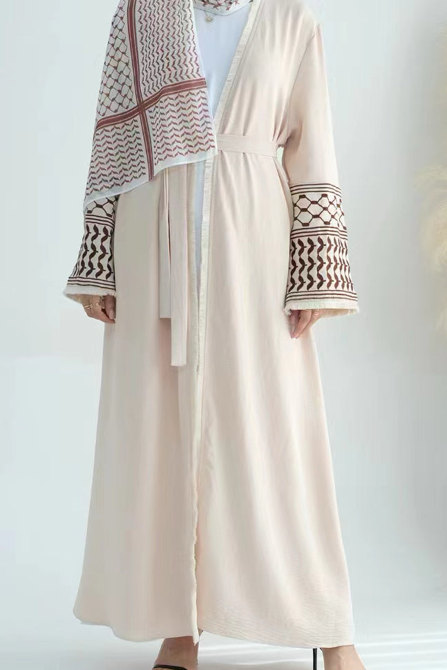 Karina Keffiyeh Inspired Fringed Peace Dove Pattern Embroidery Modest Open Abaya with belt 763 - Beige - Meliza