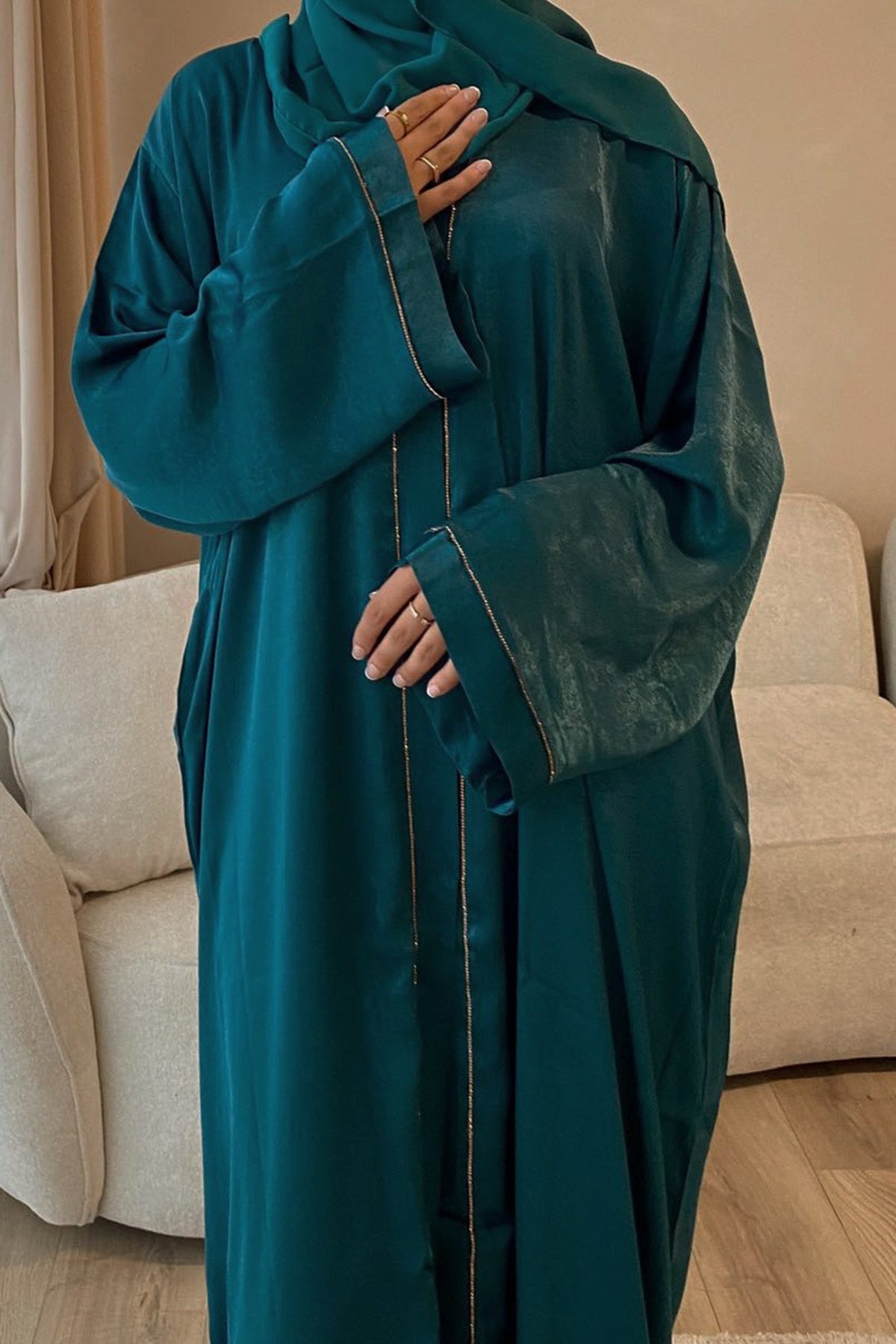 Rania Polyester Fiber Trimmed Open Abaya with Belt 707  - Dark Green - Meliza