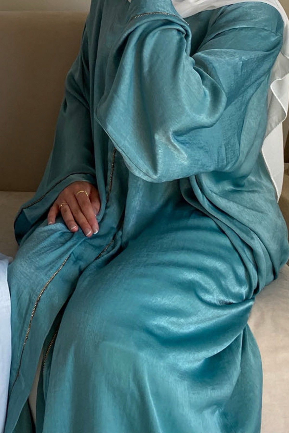 Rania Polyester Fiber Trimmed Open Abaya with Belt 707  - Mint Green - Meliza