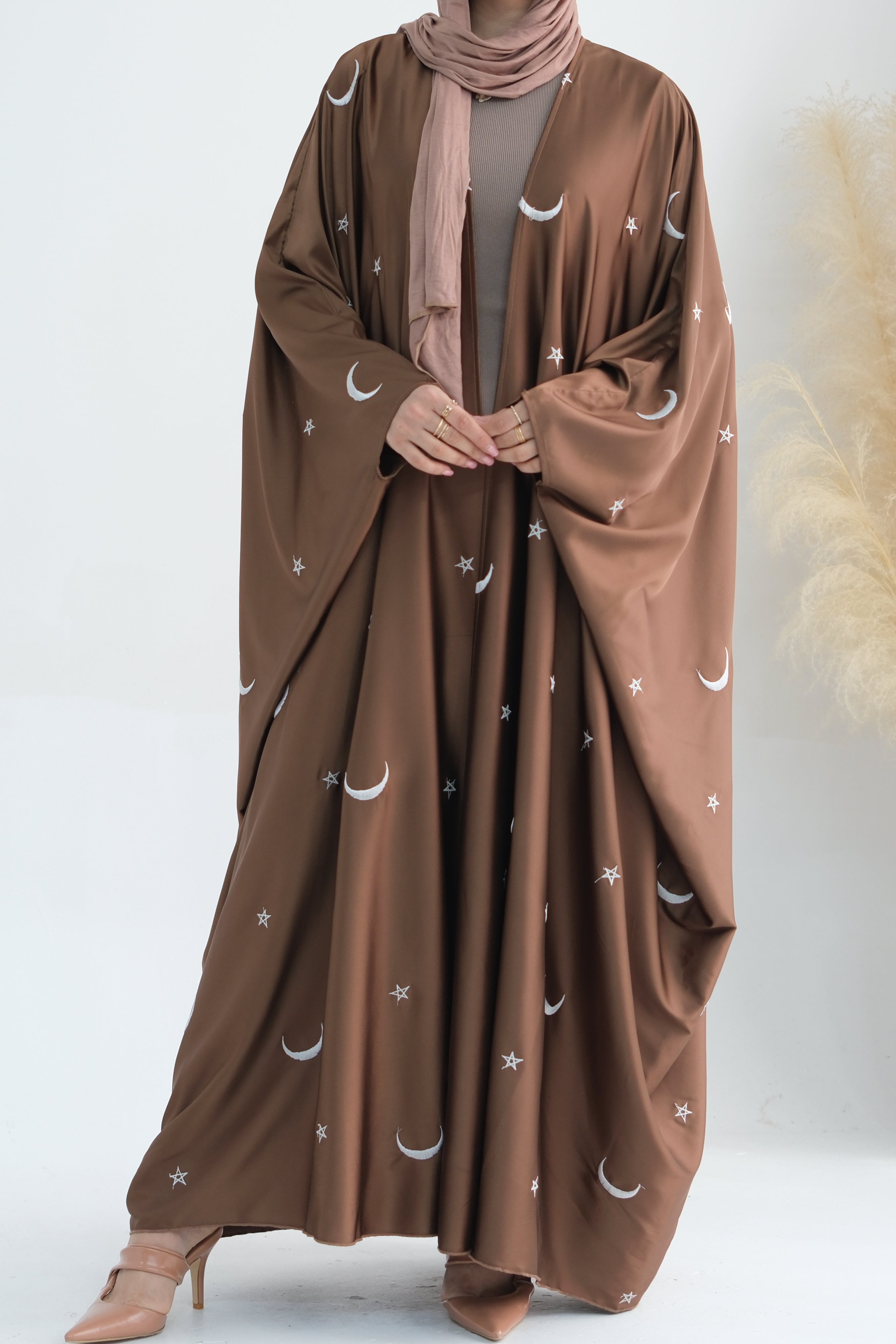 Lyra Moon Star Oversize Satin Open Abaya 727 - Brown - Meliza