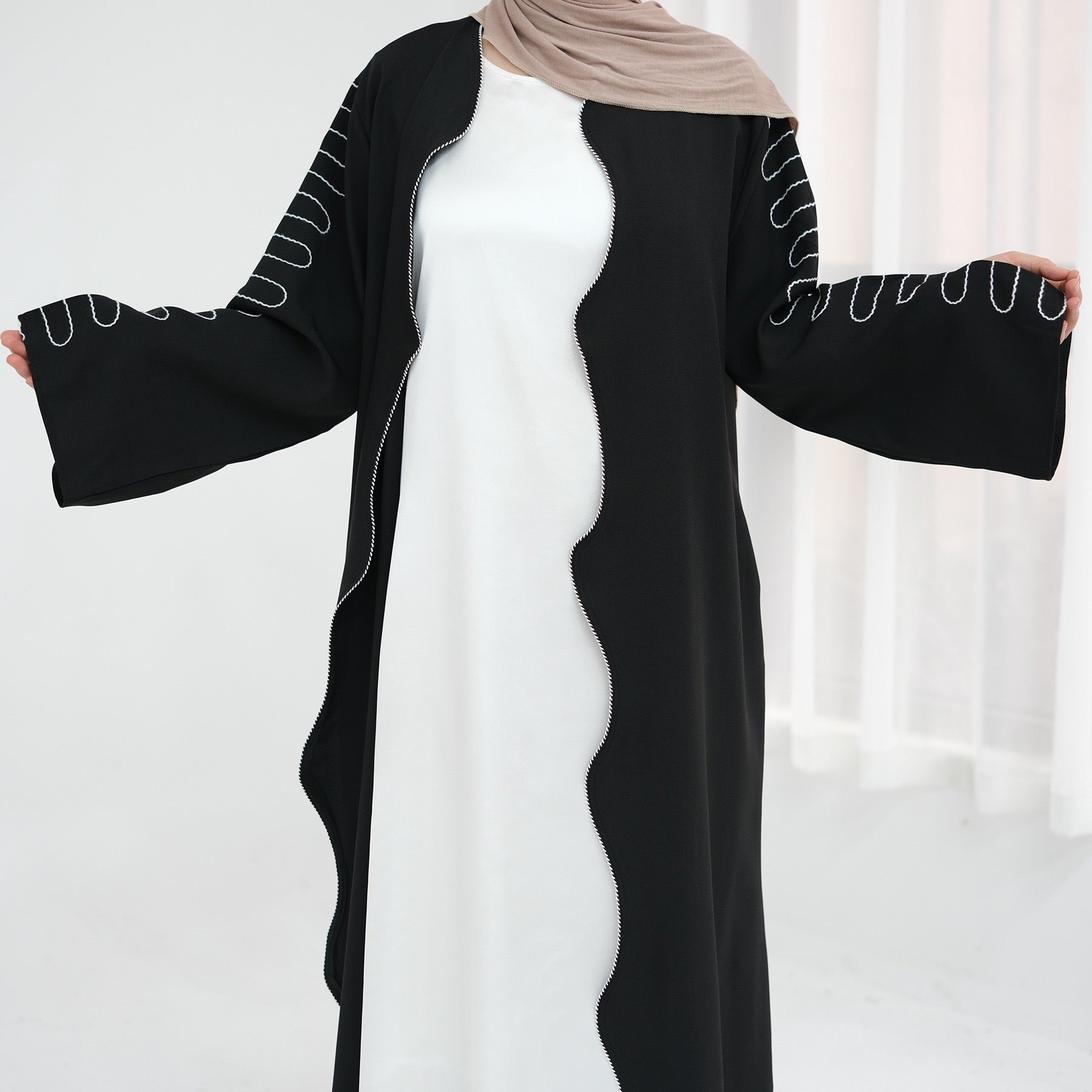 Olivia Embroidered Wave Edge Open Abaya 887 - Black