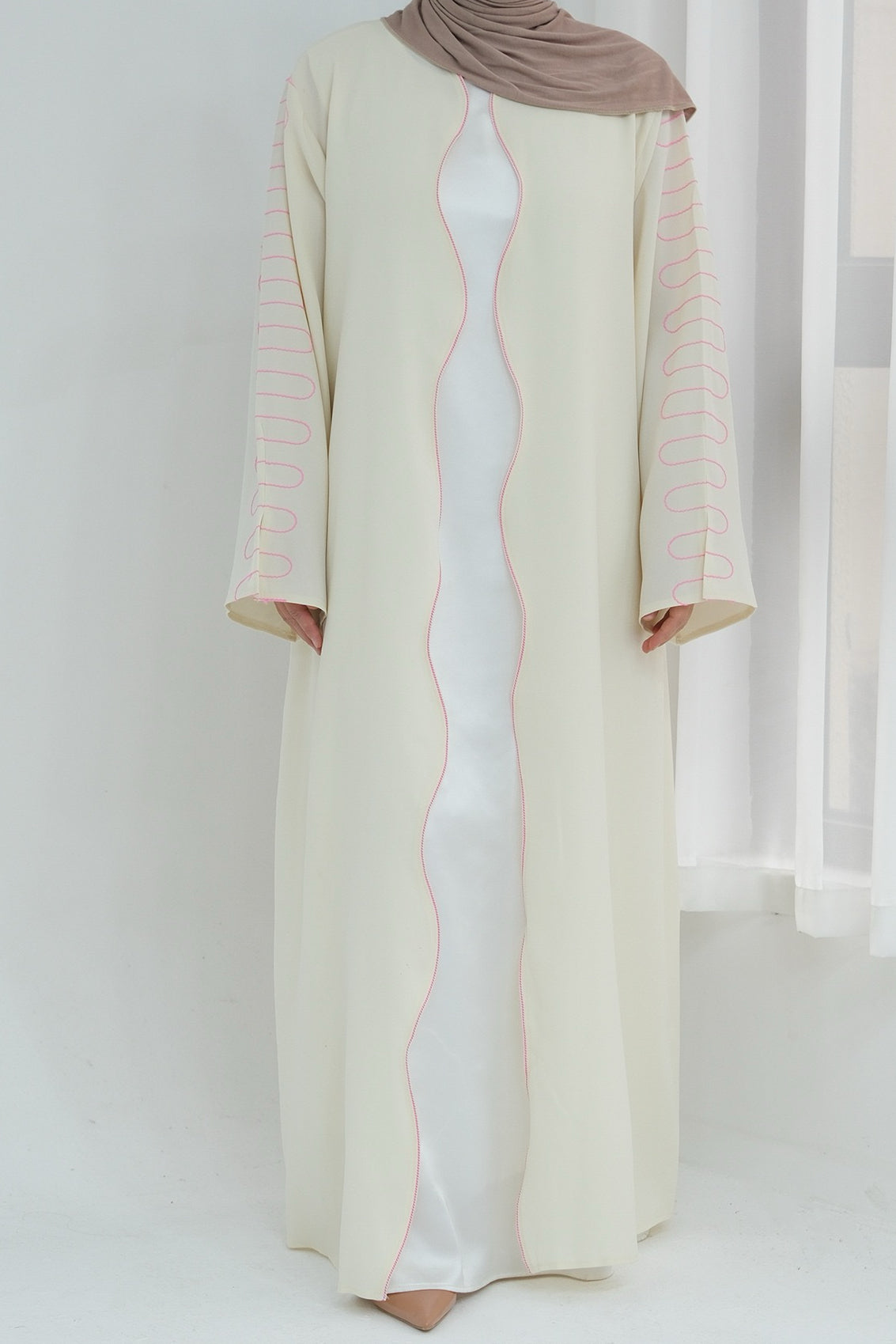 Olivia Embroidered Wave Edge Open Abaya 887 - Apricot