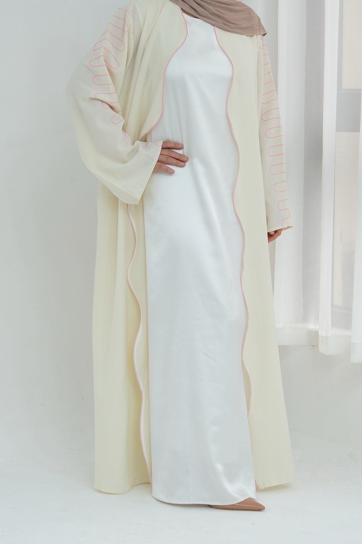 Olivia Embroidered Wave Edge Open Abaya 887 - Apricot