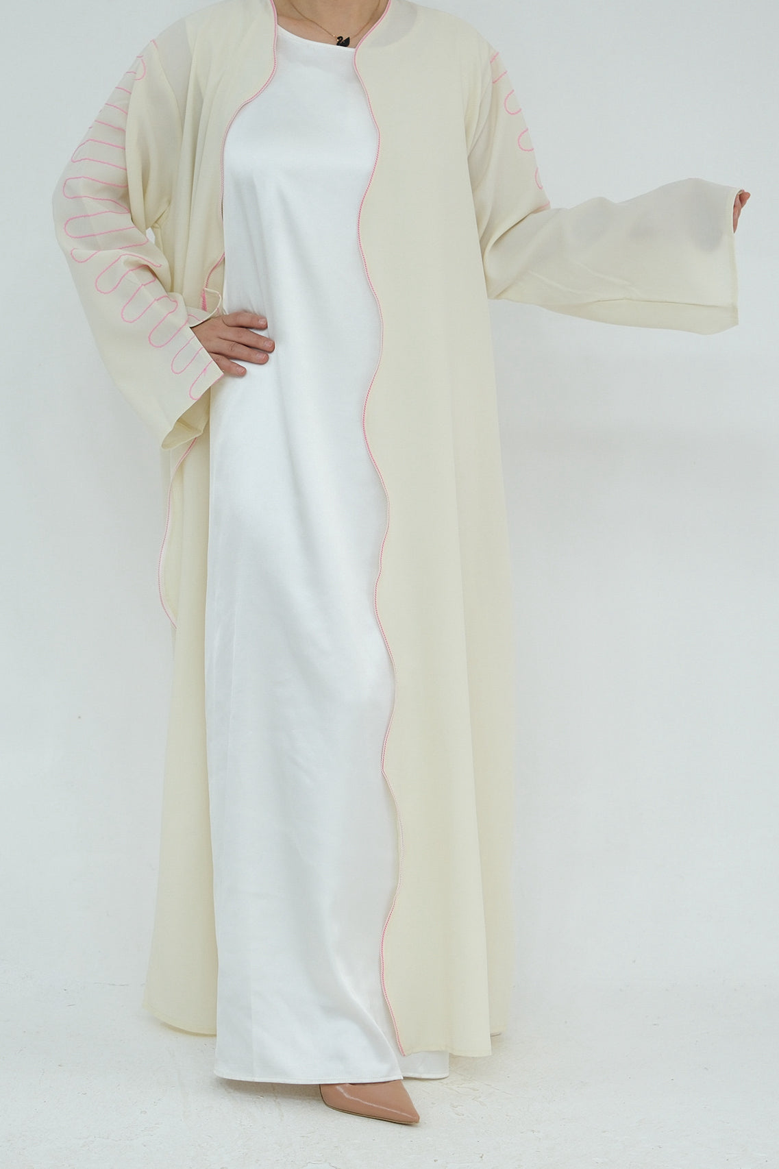 Olivia Embroidered Wave Edge Open Abaya 887 - Apricot