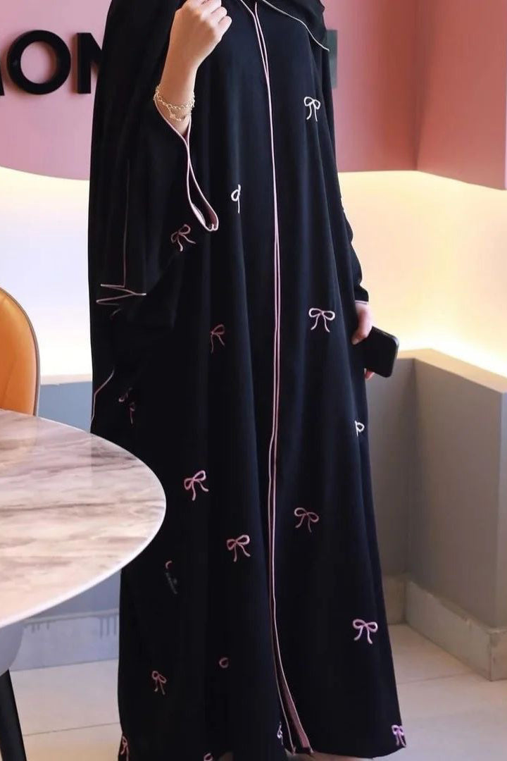 Daneen Bow Embroidery Open Abaya 910 - Black