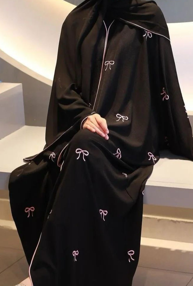 Daneen Bow Embroidery Open Abaya 910 - Black