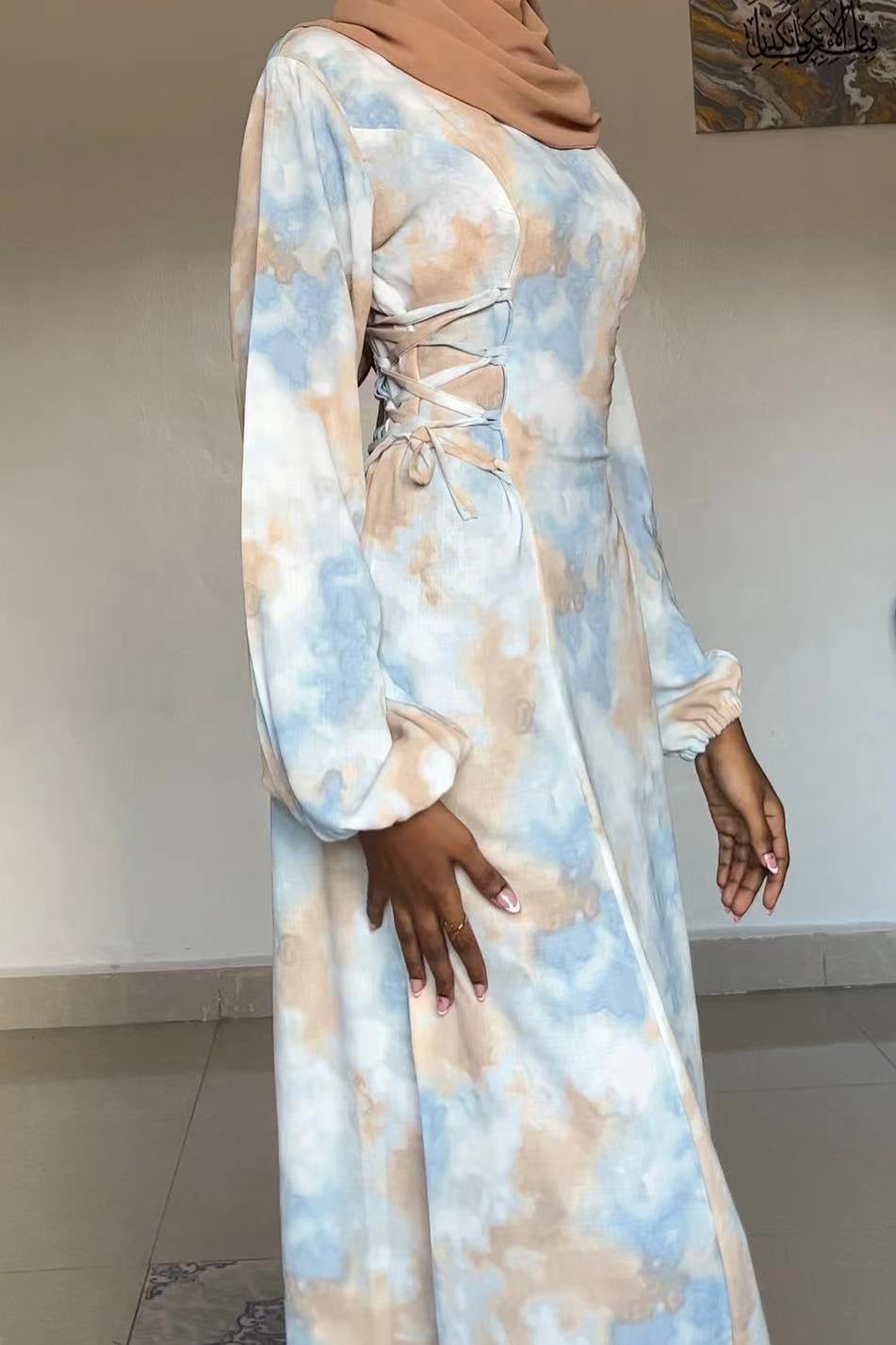 Tie-Dye Waist-Tie Maxi Dress Abaya 853