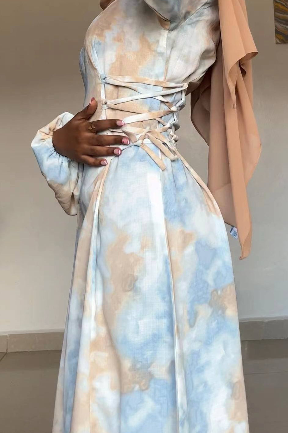 Tie-Dye Waist-Tie Maxi Dress Abaya 853