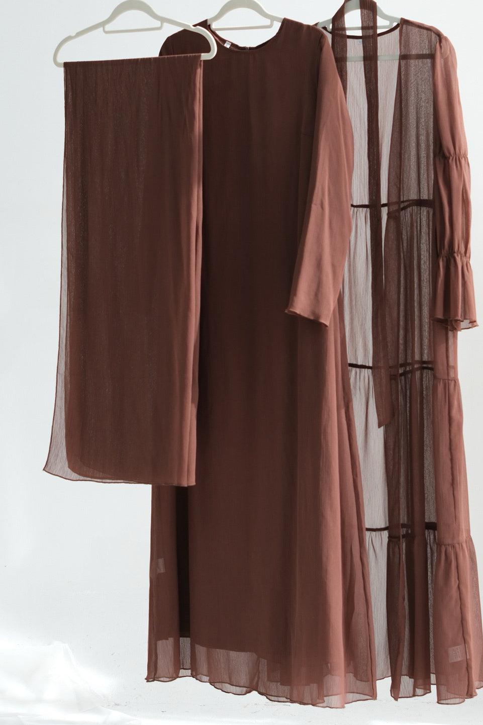 Jumana Chiffon Elastic Cuff  Open Abaya Set 866+867 - Coffee