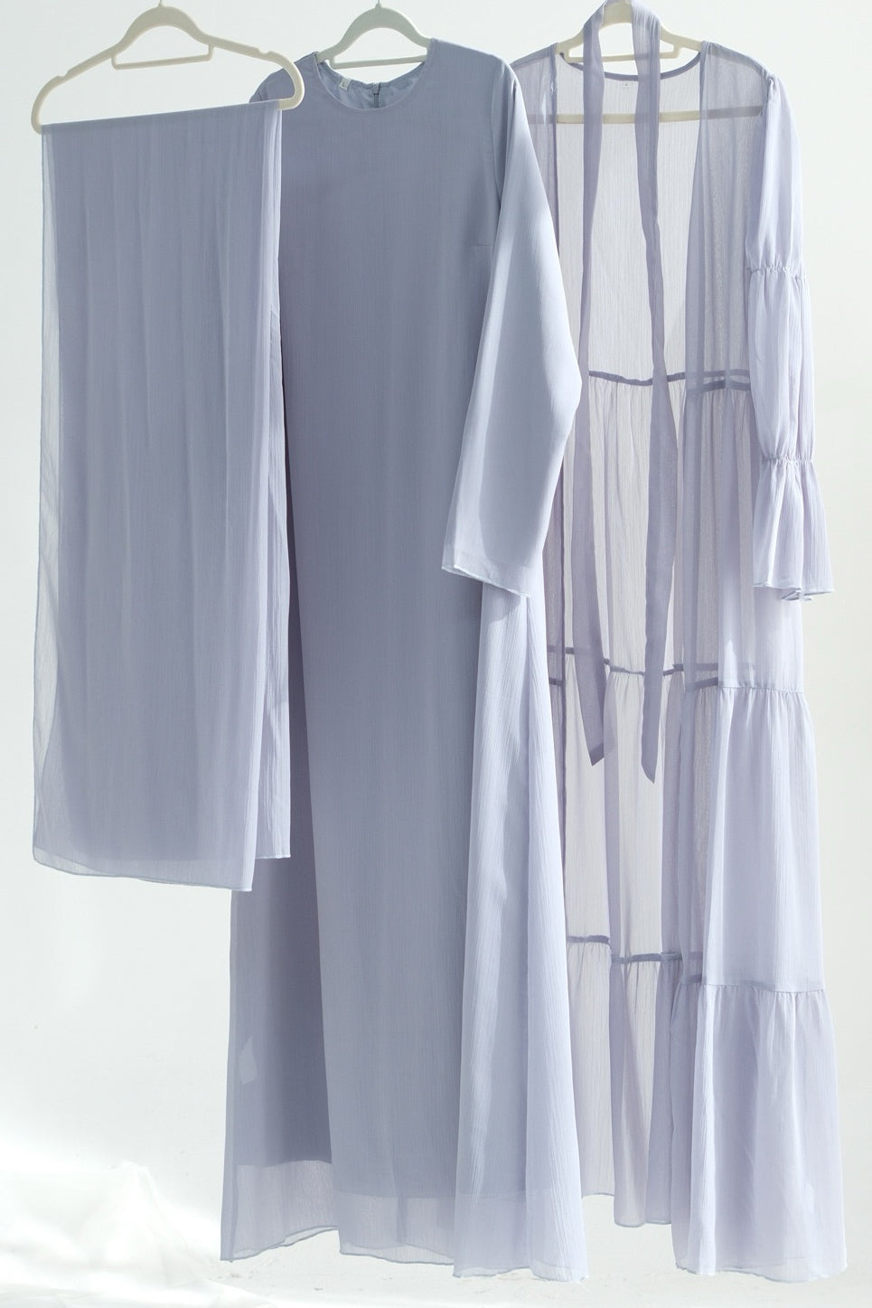 Jumana Chiffon Elastic Cuff  Open Abaya Set 866+867 - Light Grey