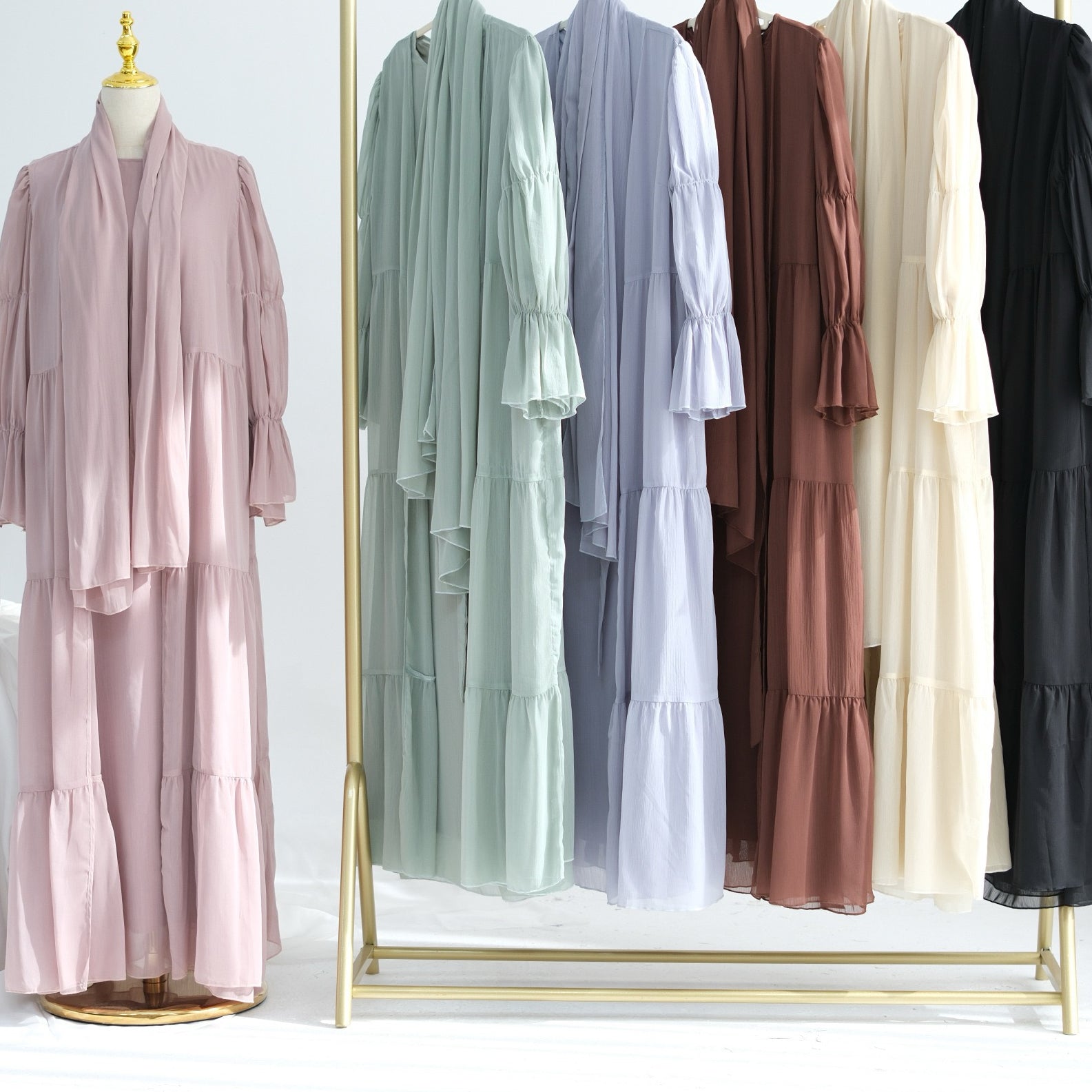 Jumana Chiffon Elastic Cuff  Open Abaya Set 866+867 - Coffee