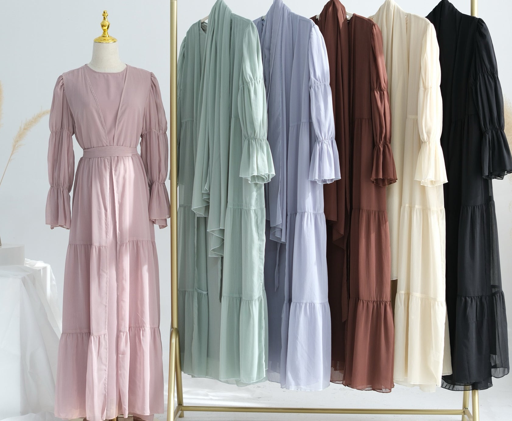 Jumana Chiffon Elastic Cuff  Open Abaya Set 866+867 - Coffee