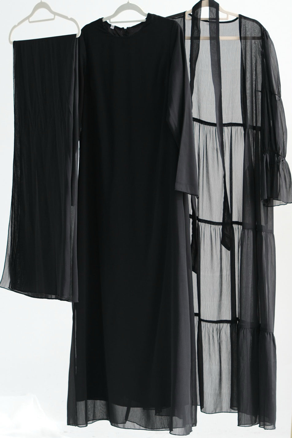 Jumana Chiffon Elastic Cuff  Open Abaya Set 866+867 - Black