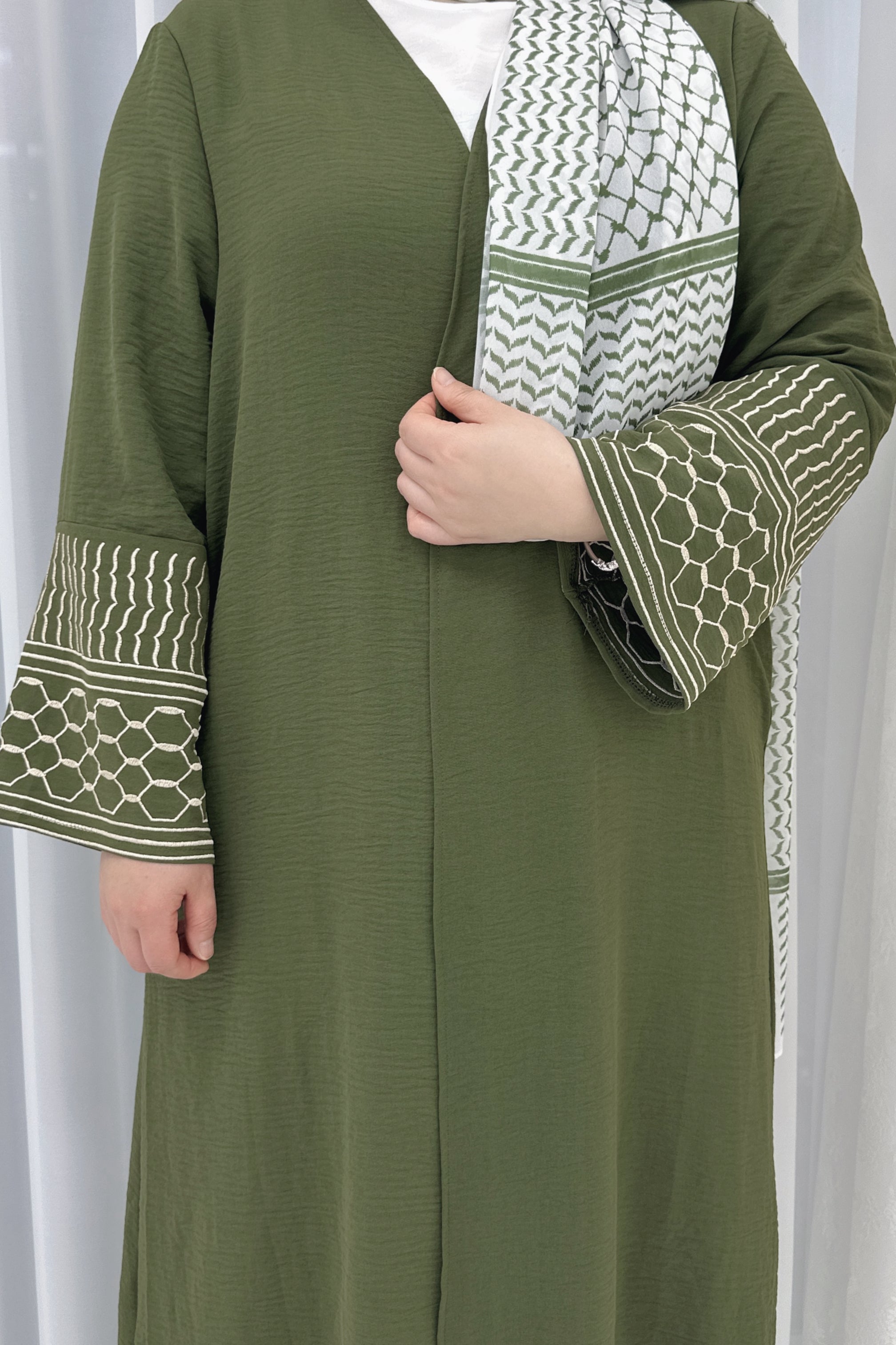 NEW Danya Keffiyeh Inspired Peace Dove Pattern Embroidery Modest Open Abaya 767 - Army Green