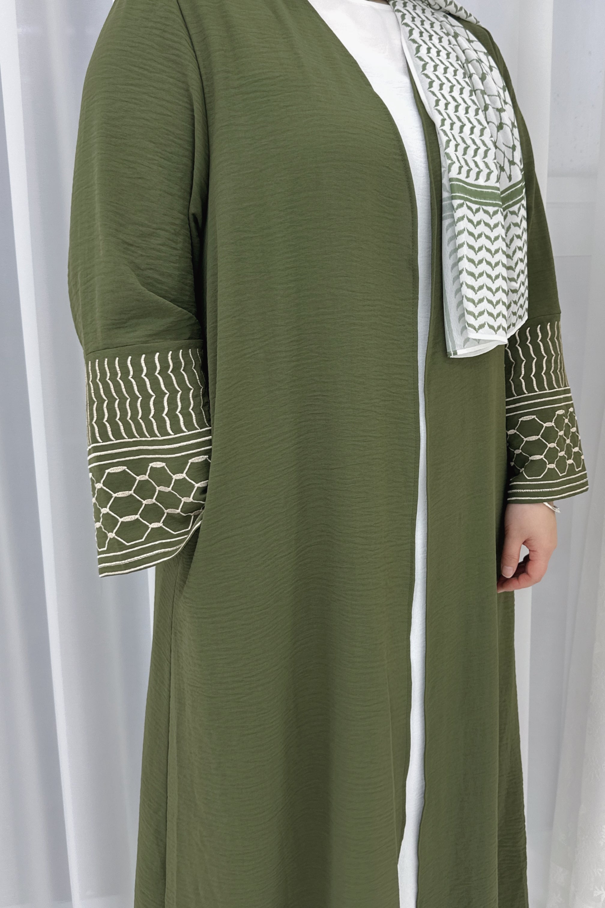 NEW Danya Keffiyeh Inspired Peace Dove Pattern Embroidery Modest Open Abaya 767 - Army Green