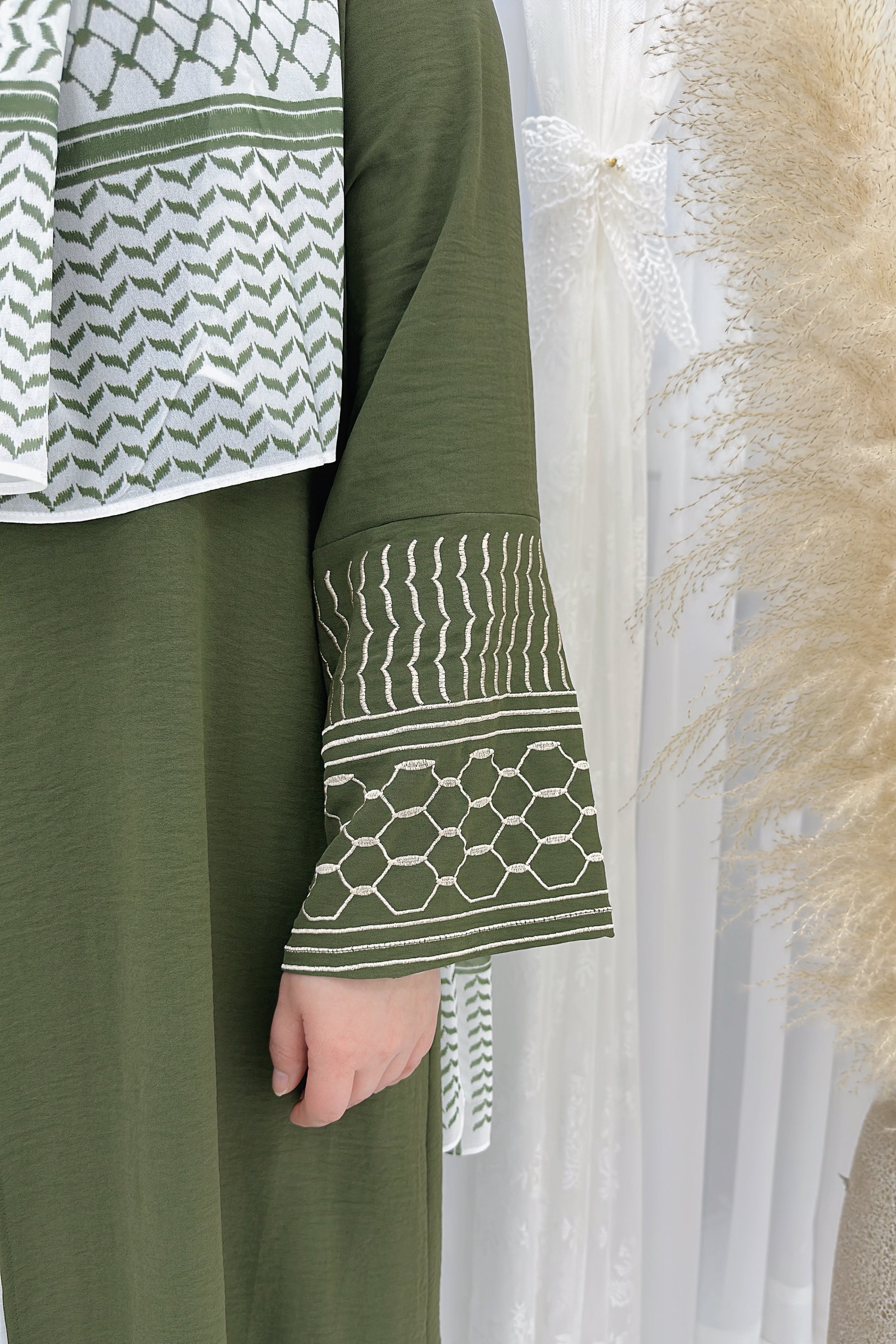 NEW Danya Keffiyeh Inspired Peace Dove Pattern Embroidery Modest Open Abaya 767 - Army Green