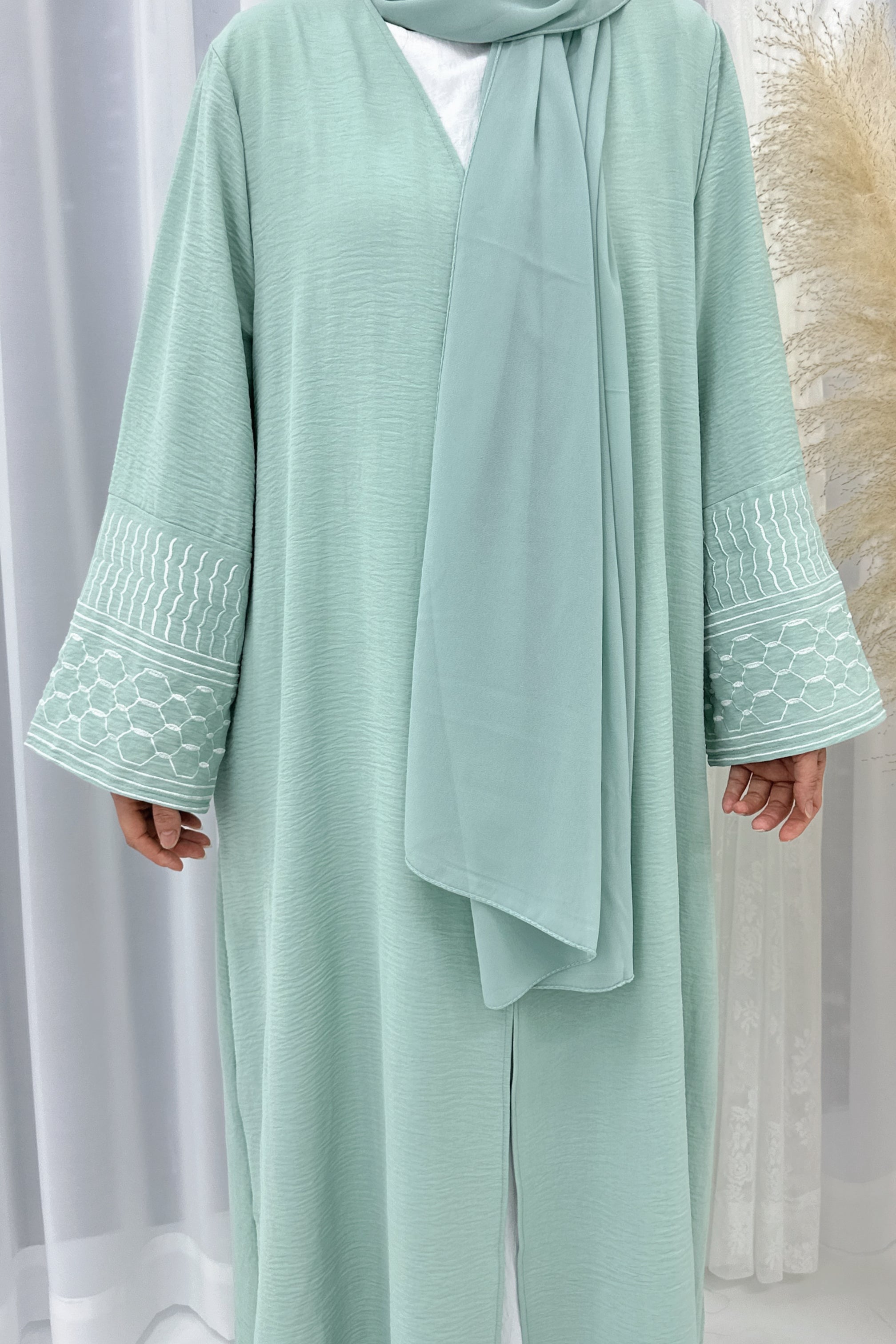 NEW Danya Keffiyeh Inspired  Peace Dove Pattern Embroidery Modest Open Abaya 767 - Mint Green