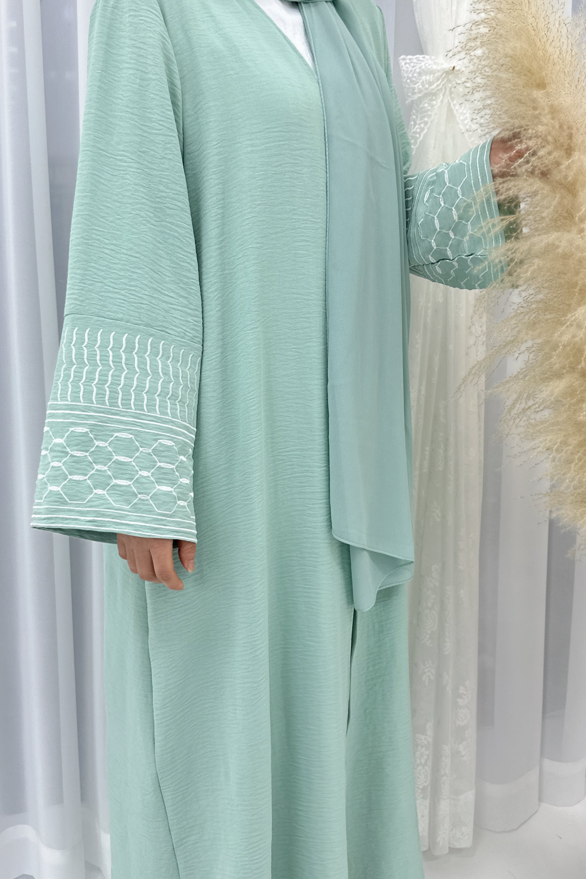 NEW Danya Keffiyeh Inspired  Peace Dove Pattern Embroidery Modest Open Abaya 767 - Mint Green