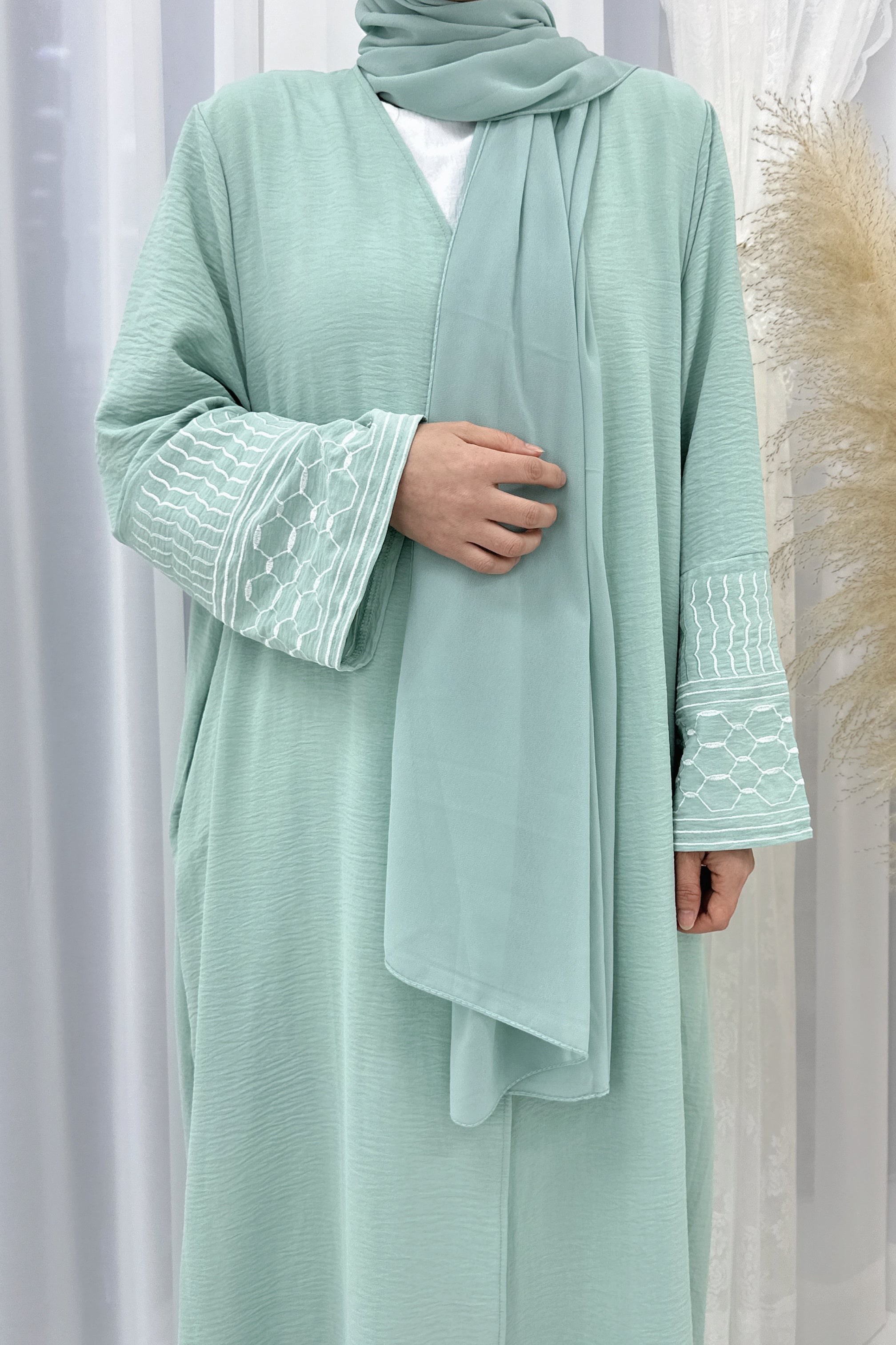 NEW Danya Keffiyeh Inspired  Peace Dove Pattern Embroidery Modest Open Abaya 767 - Mint Green