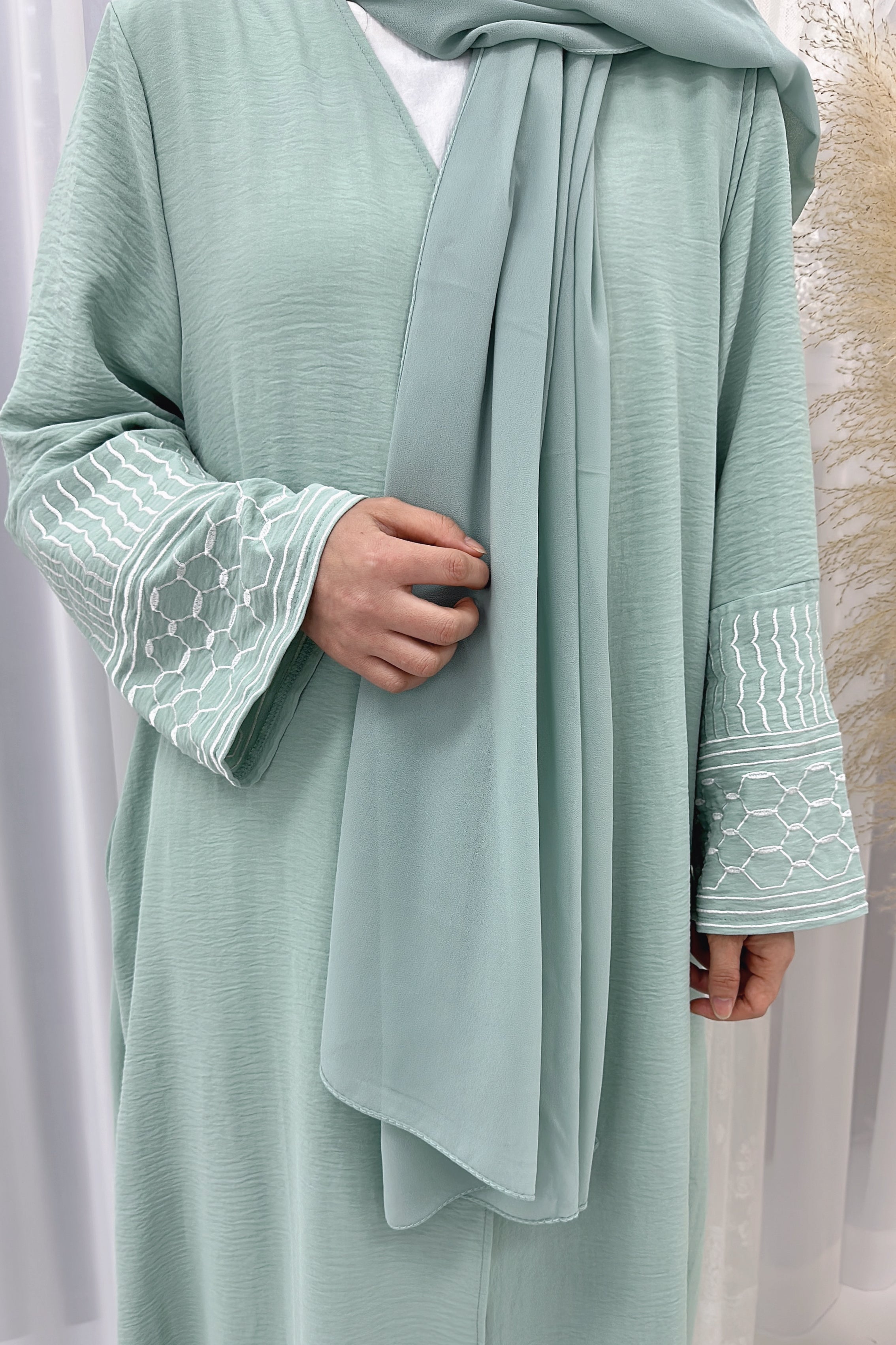 NEW Danya Keffiyeh Inspired  Peace Dove Pattern Embroidery Modest Open Abaya 767 - Mint Green