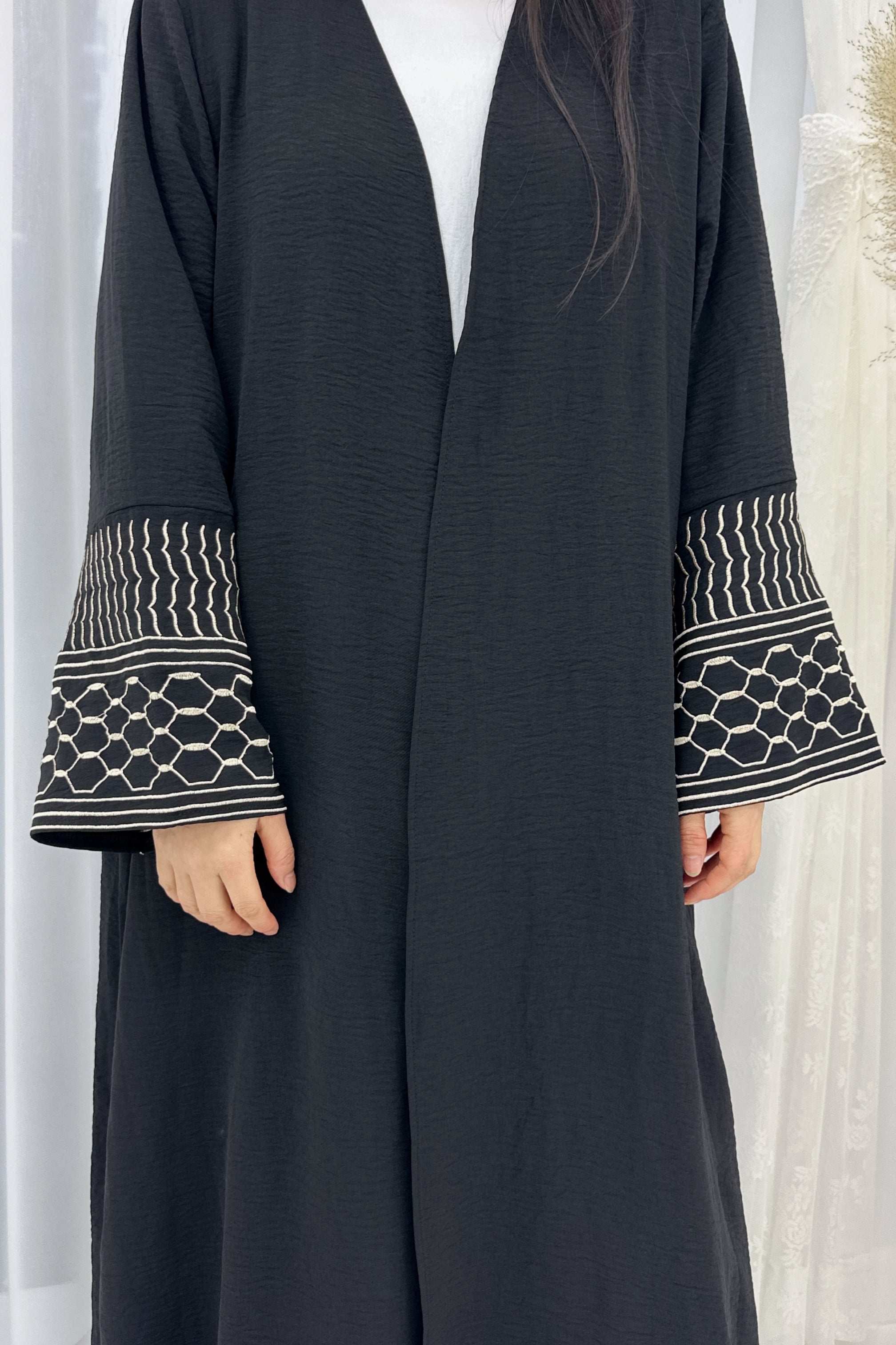 NEW Danya Keffiyeh Inspired Peace Dove Pattern Embroidery Modest Open Abaya 767 - Black