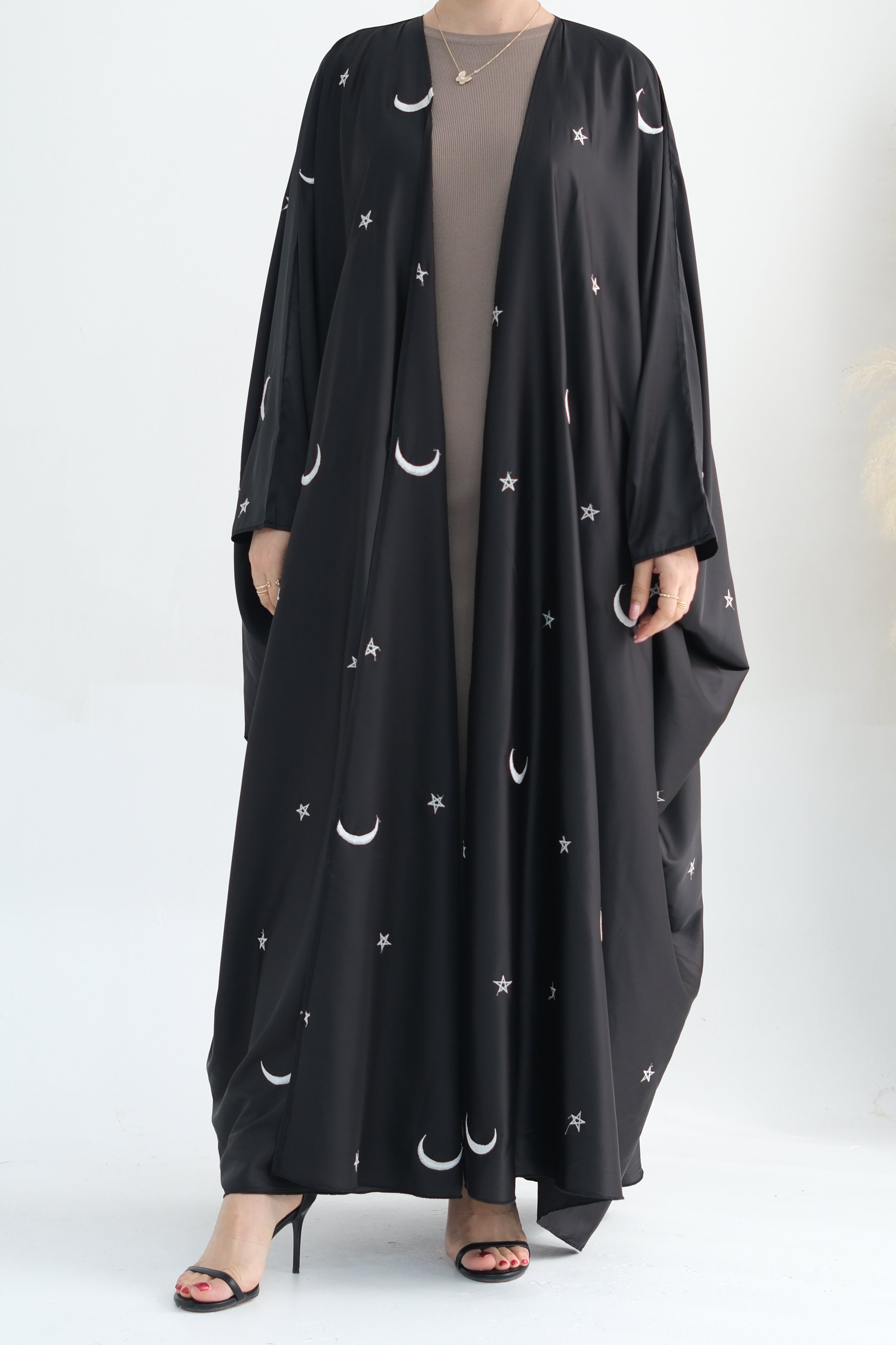 Lyra Moon Star Oversize Satin Open Abaya 727 - Black - Meliza