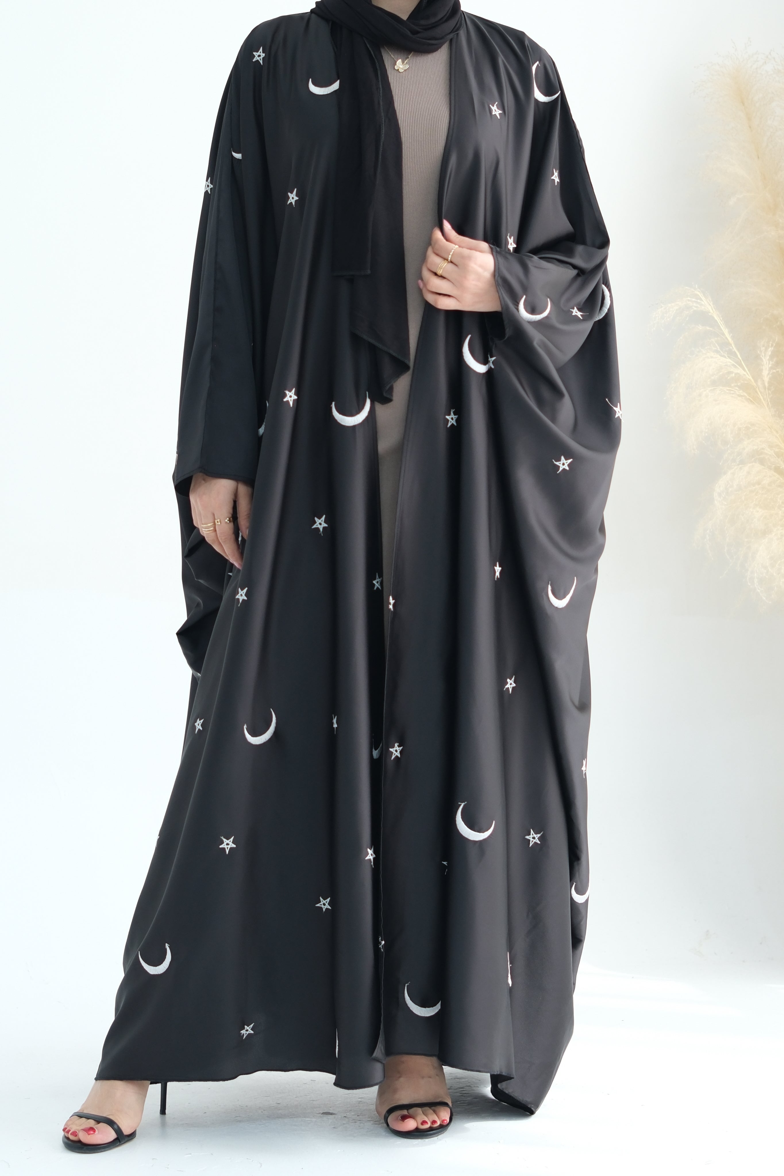 Lyra Moon Star Oversize Satin Open Abaya 727 - Black - Meliza