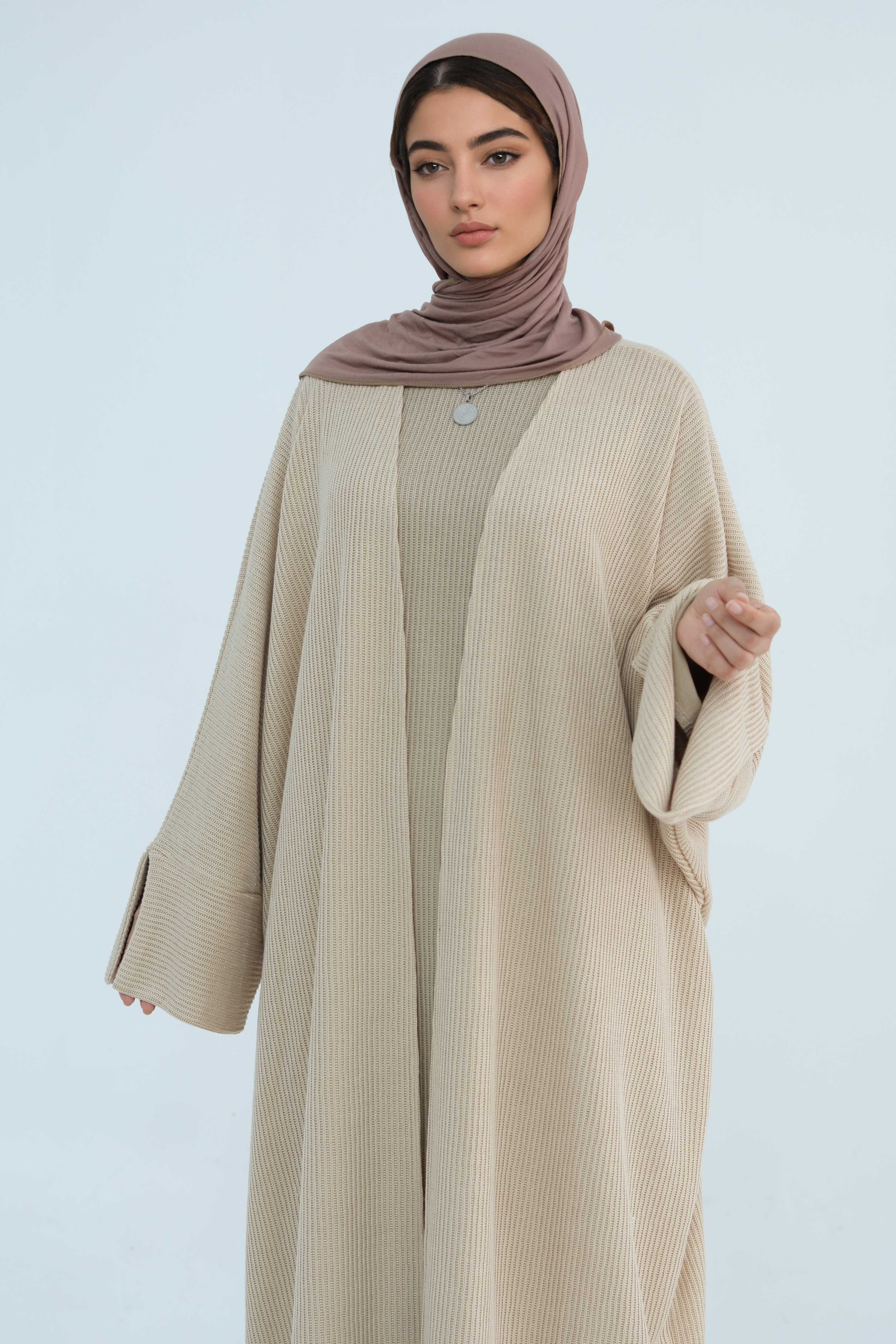 Ayesha Thick Knit Open Abaya 911-apricot