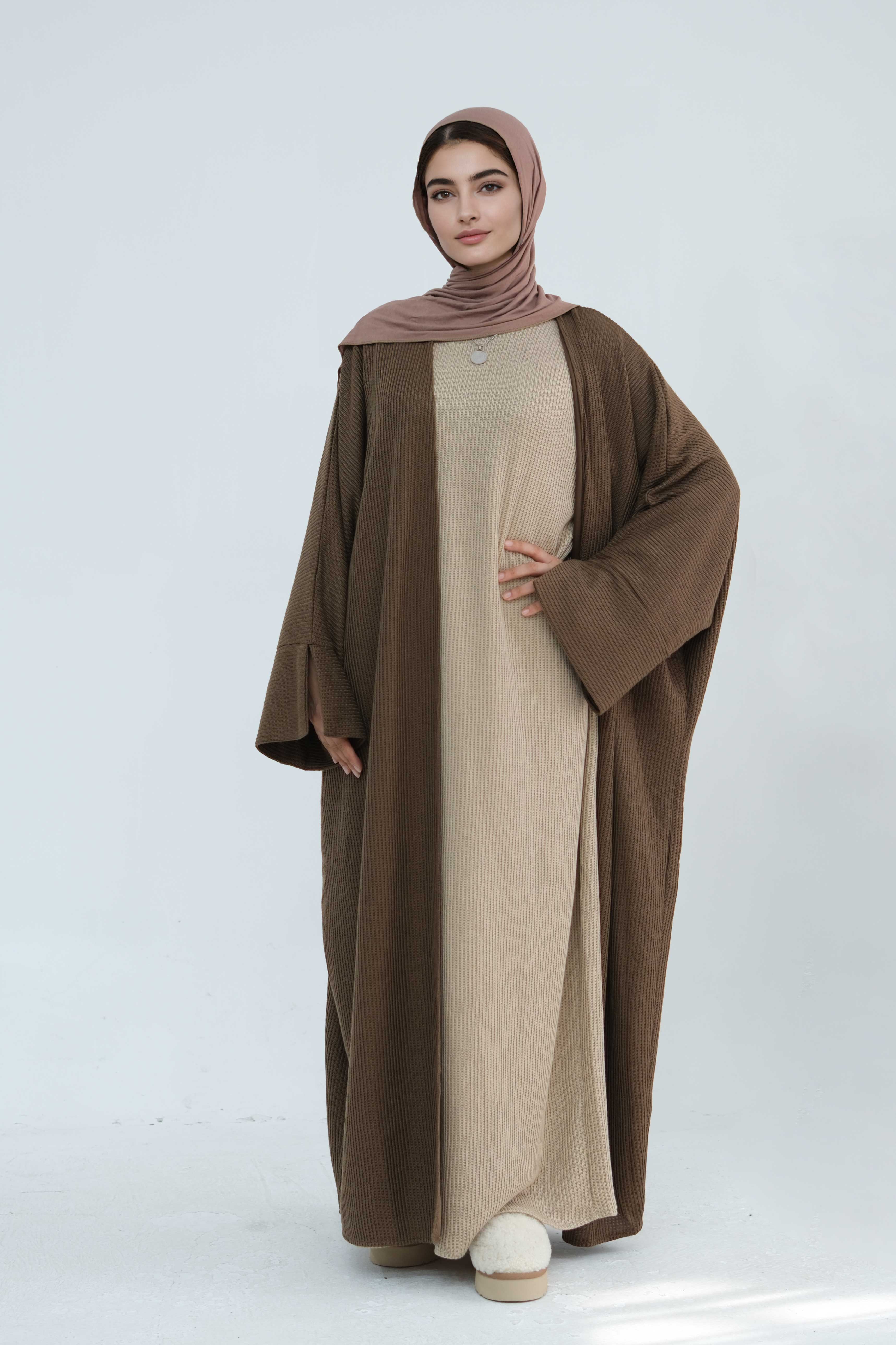 Ayesha Thick Knit Open Abaya 911-Coffee