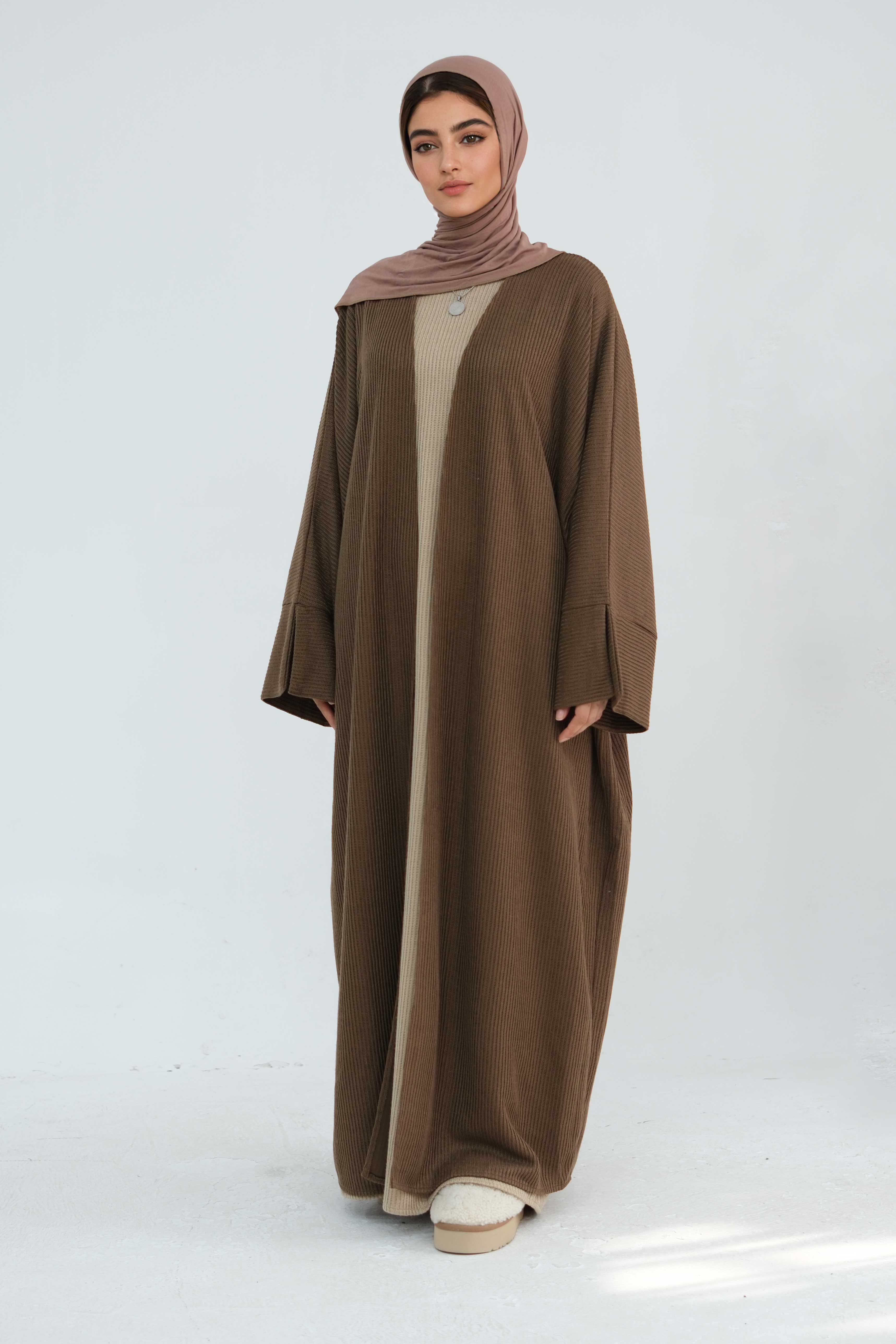 Ayesha Thick Knit Open Abaya 911-Coffee