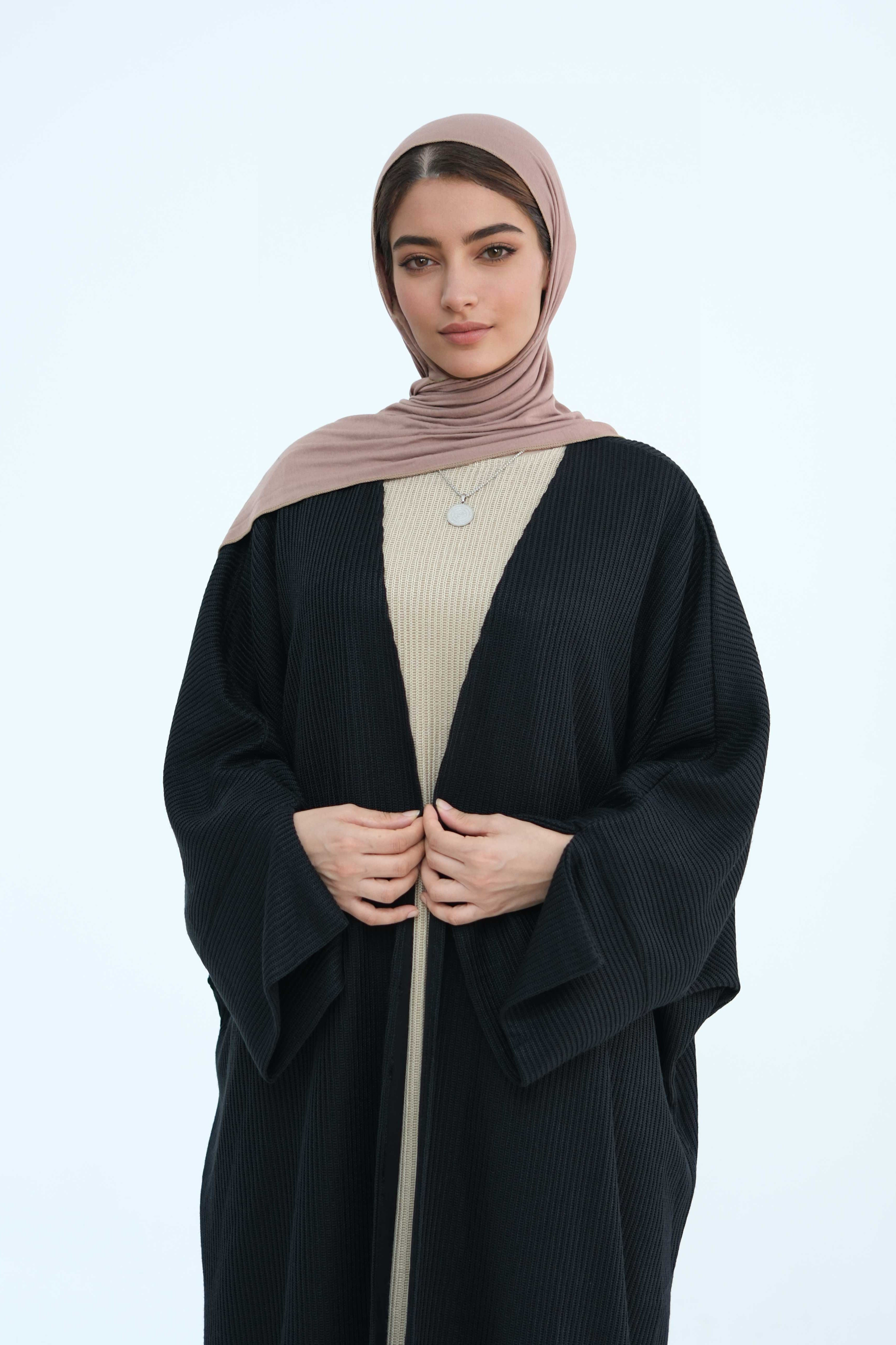 Ayesha Thick Knit Open Abaya 911-Black