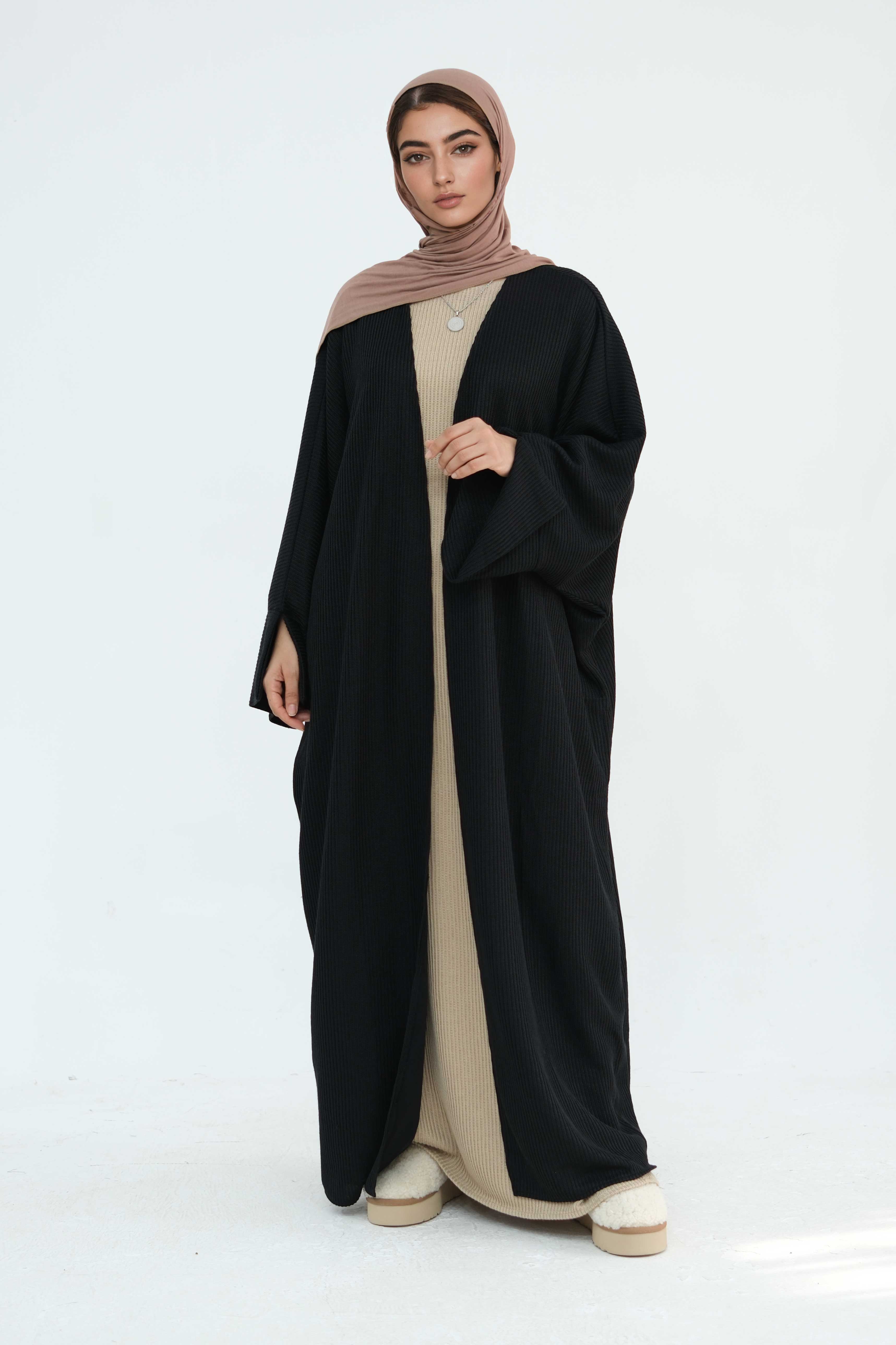 Ayesha Thick Knit Open Abaya 911-Black