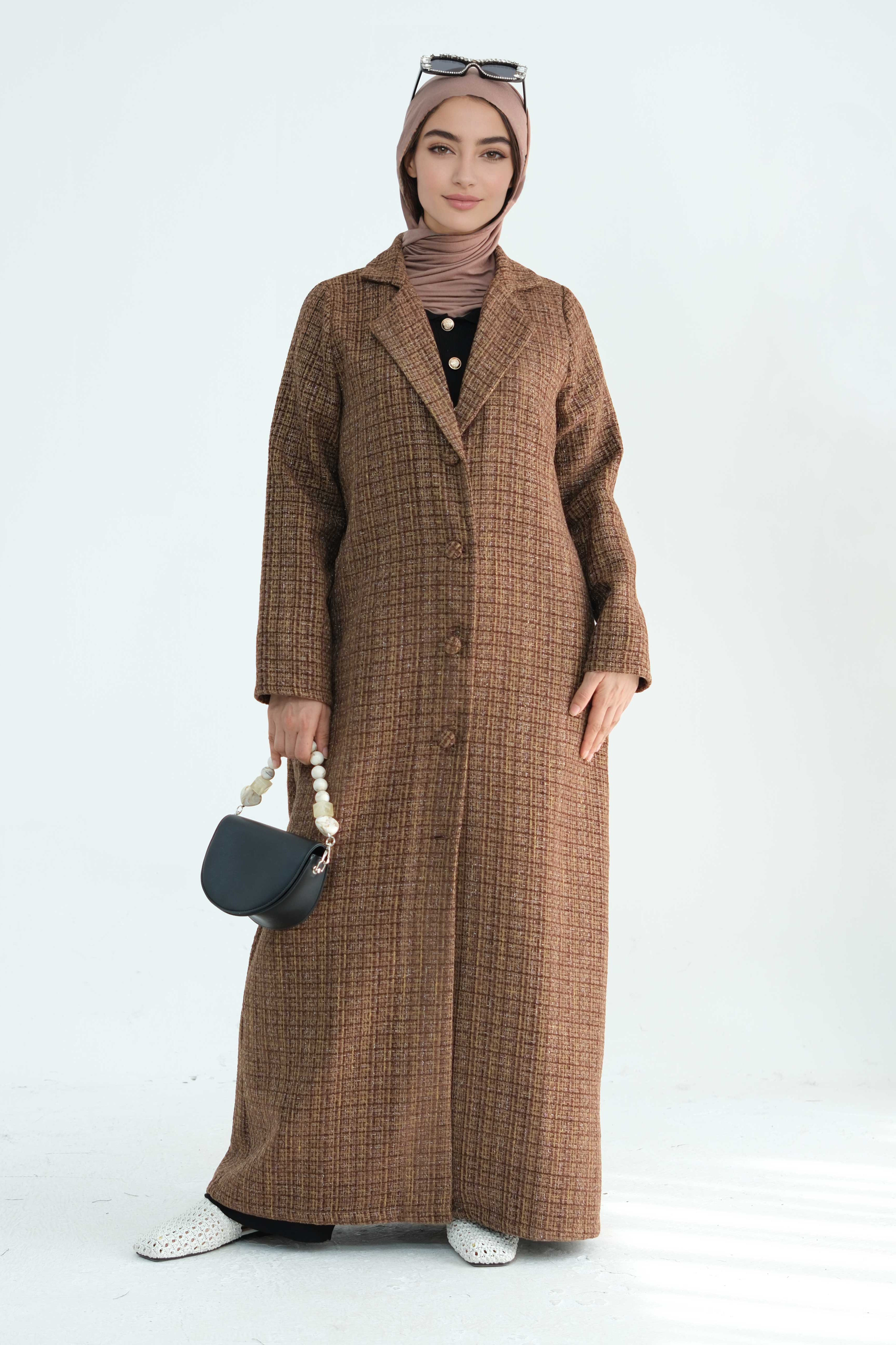 Asalah Chanel-Style Open Abaya Coat 914 - Coffee