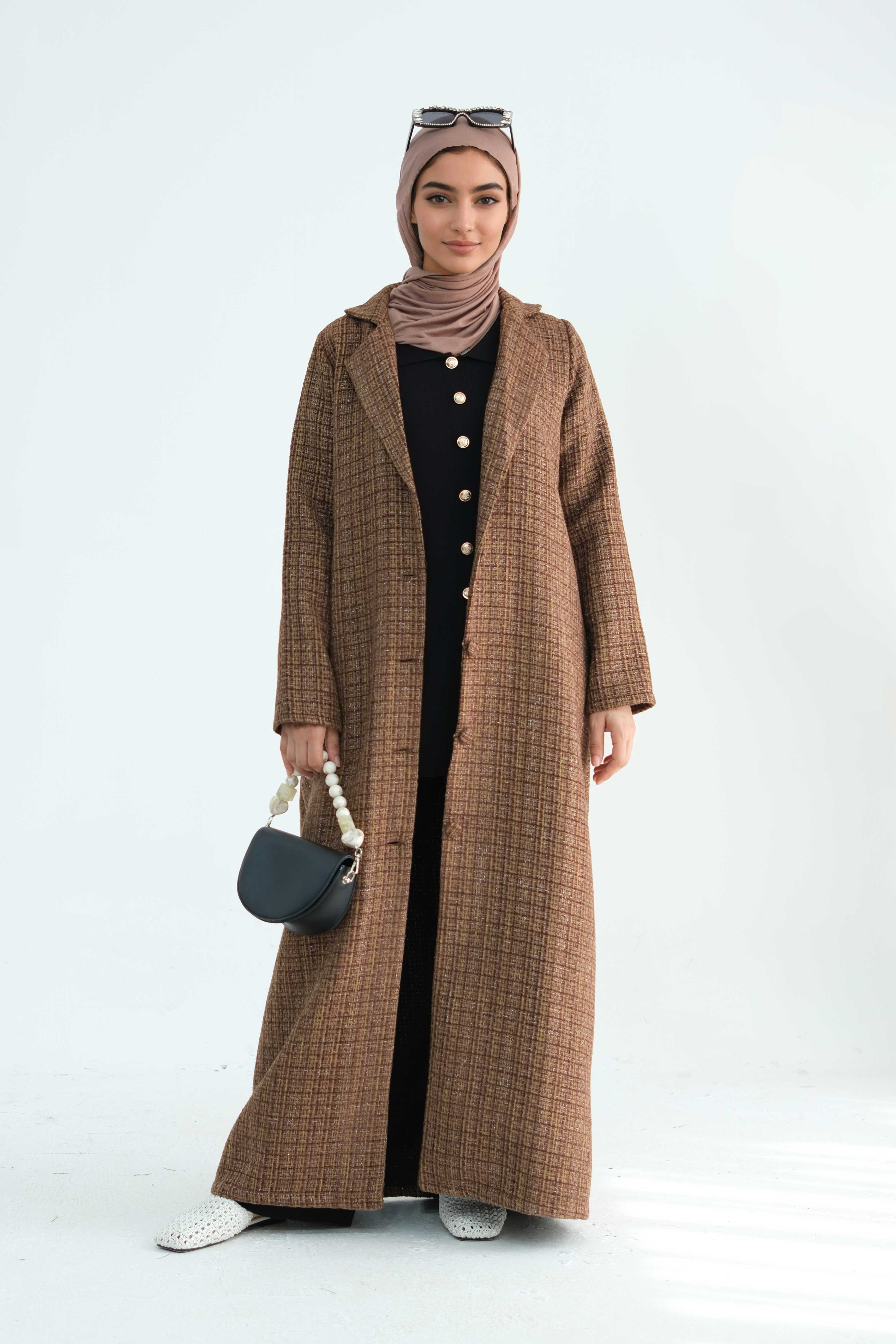Asalah Chanel-Style Open Abaya Coat 914 - Coffee